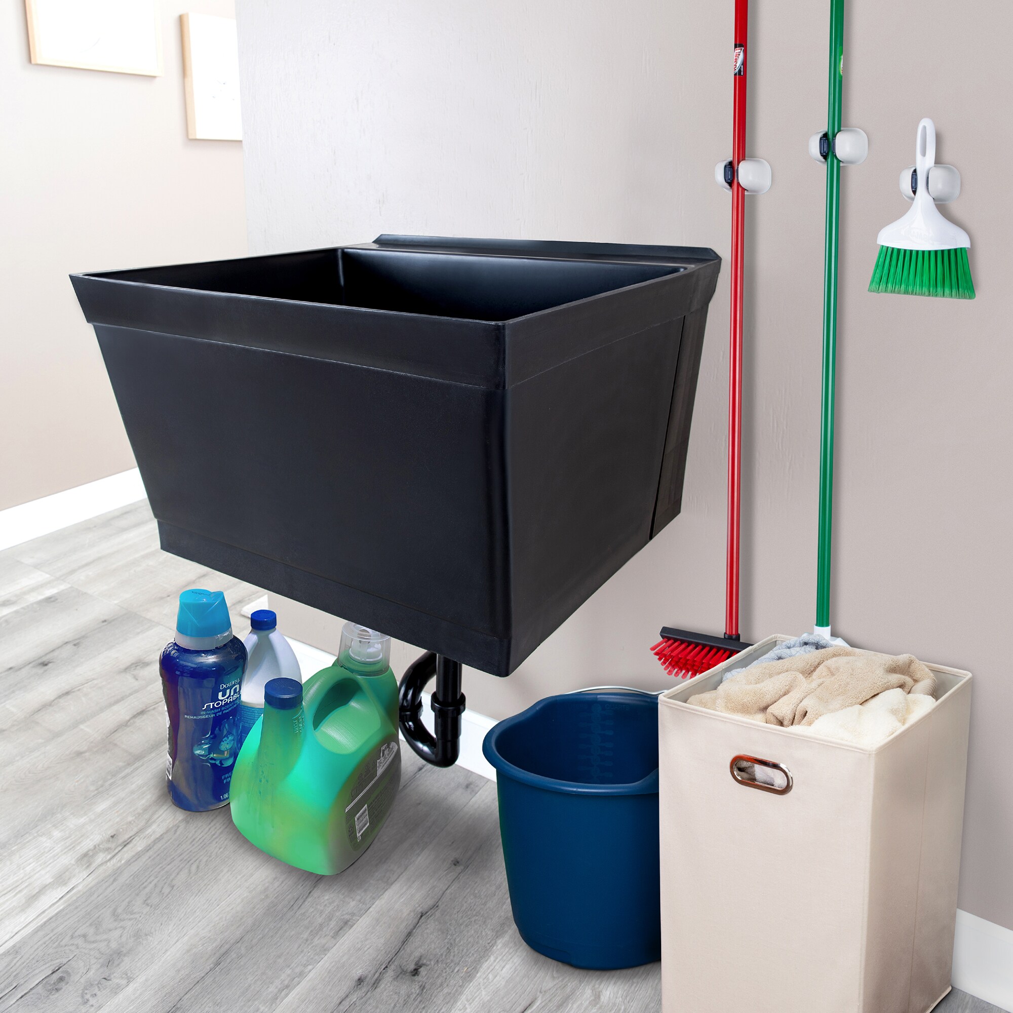Black Wall Mount Utility Sink with Drain Assembly Kit