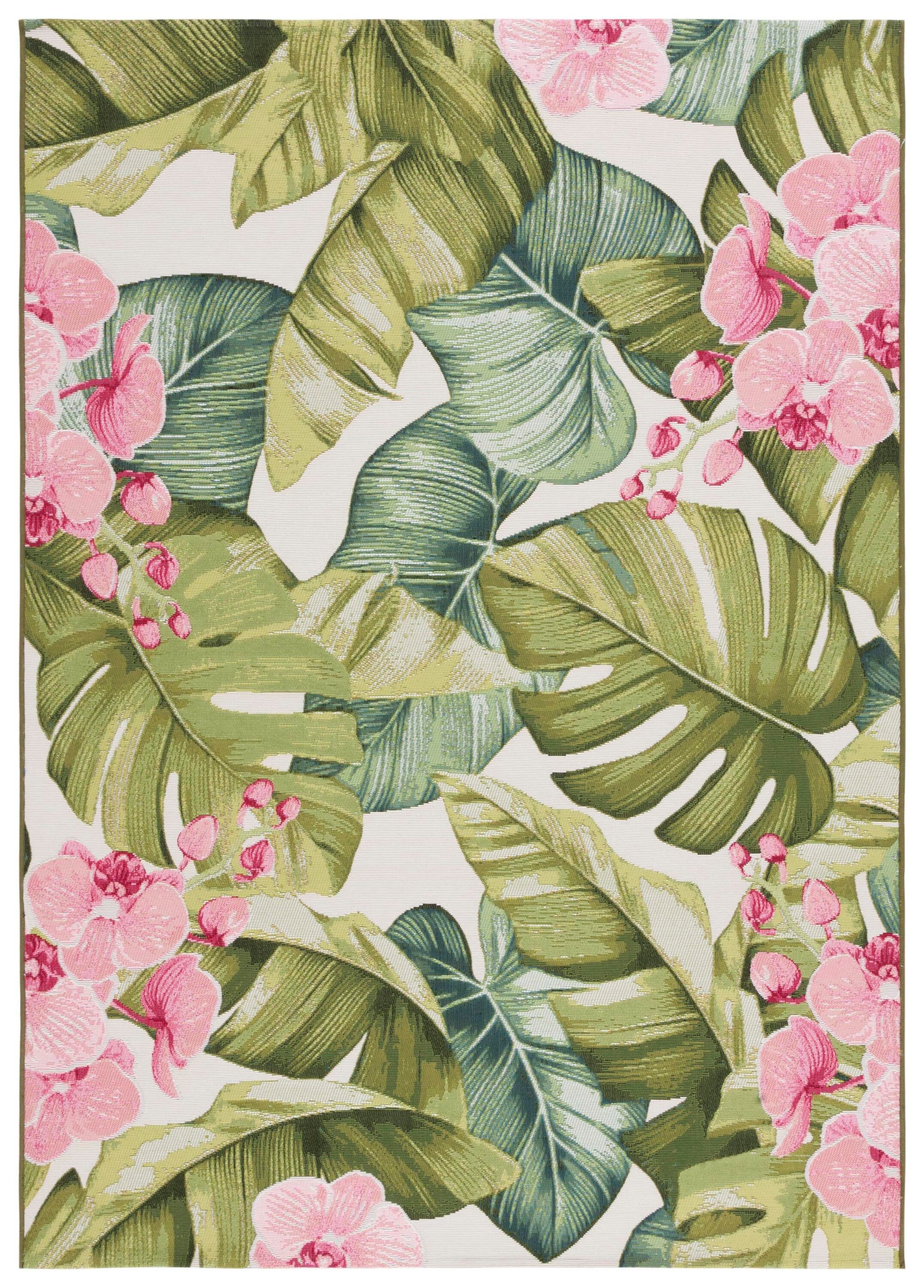 Tropical Green and Pink Synthetic Rectangular Area Rug, 5'3" x 7'6"