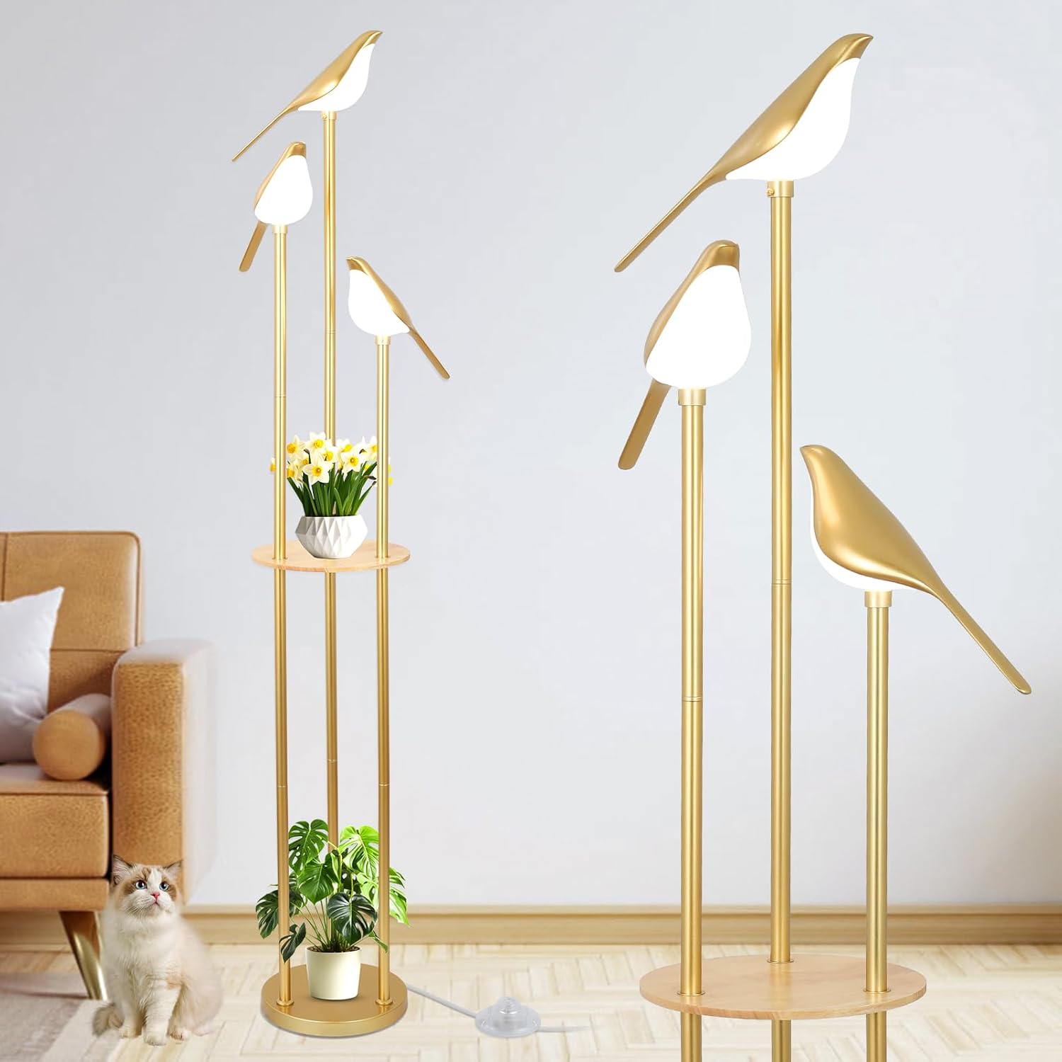 LUXEYARD Gold Floor Lamps for Living Room Modern Floor Lamp with Shelves Mid Century Standing Lamp with 3 Adjustable LED Bird Lights