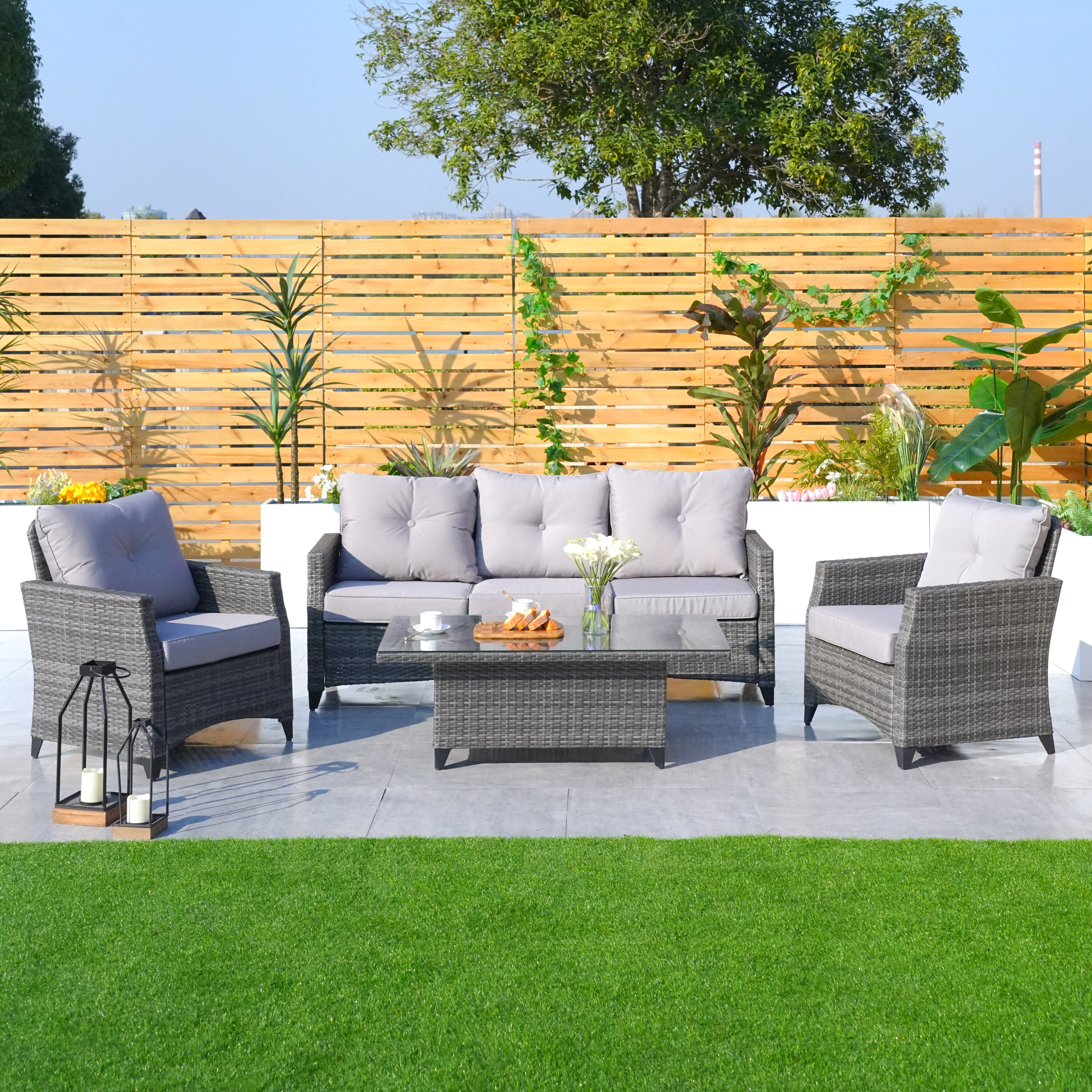 Moda Furnishings PAF-1802LP 4 -Piece Wicker Patio Sofa Conversation Set with Gray Cushions