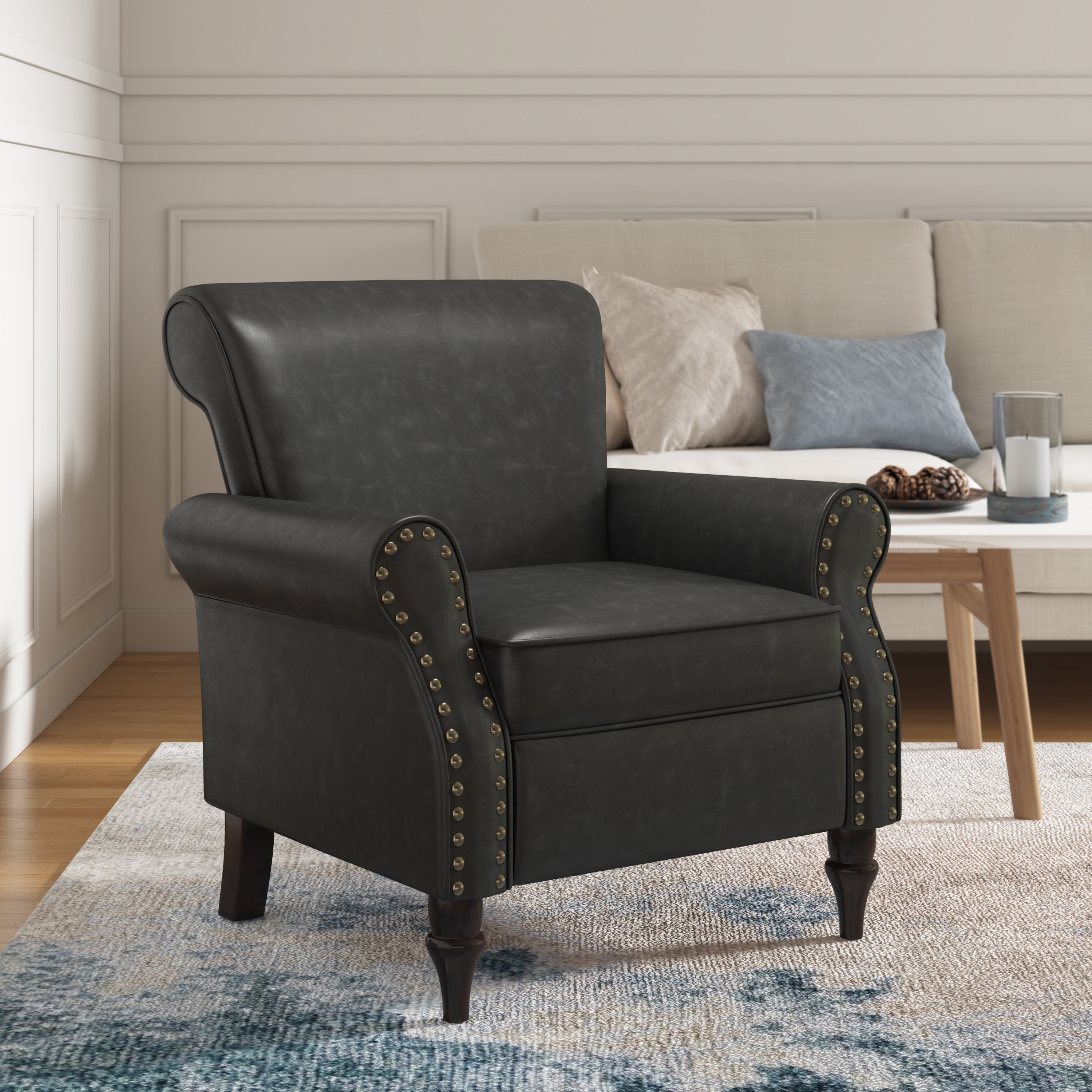 Dreamsidea - Faux Leather Nailhead Trim Wooden Accent Armchair BLACK