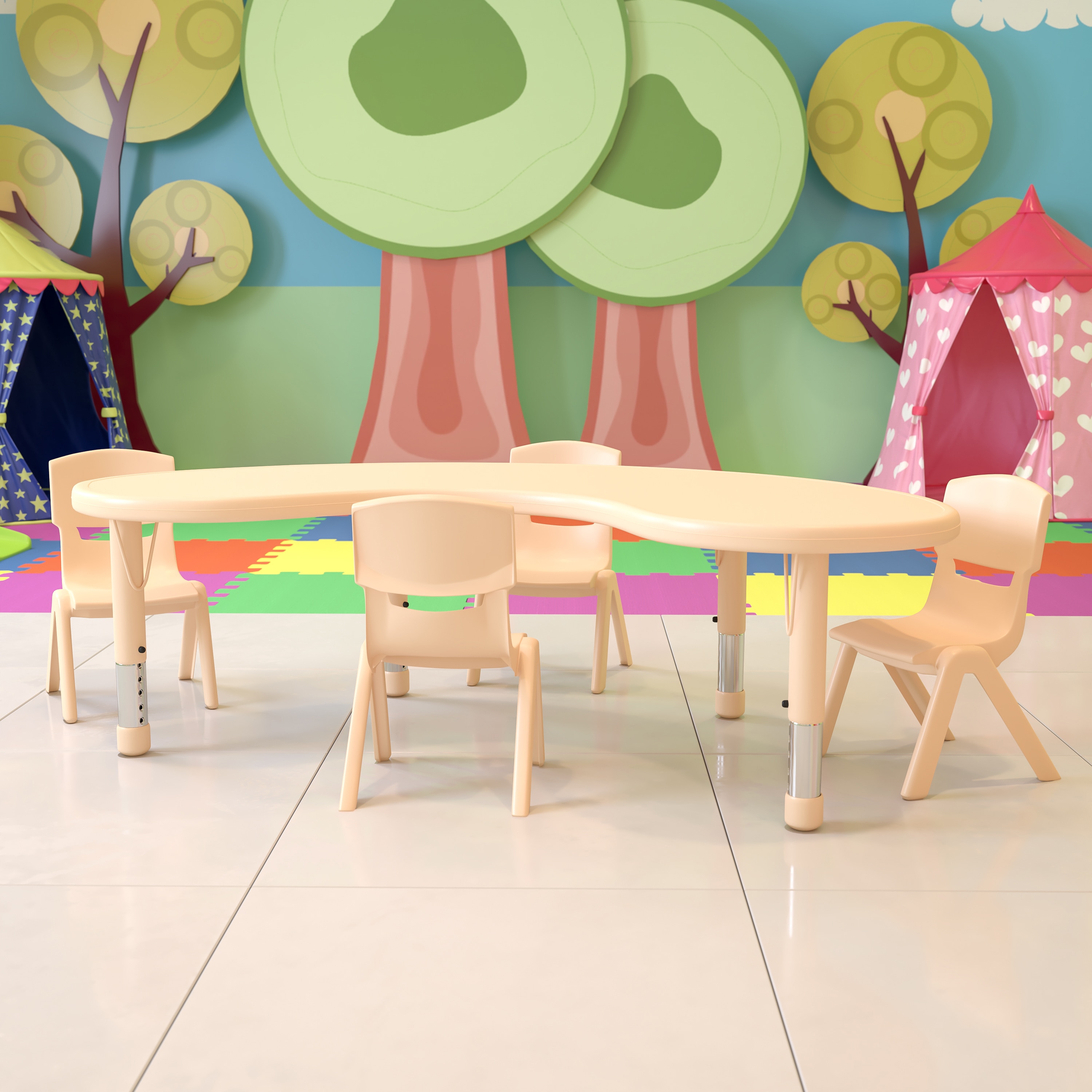 Emma + Oliver - 35-in W x 65-in L Half-Moon Natural Plastic Adjustable Activity Table Set - 4 Chairs