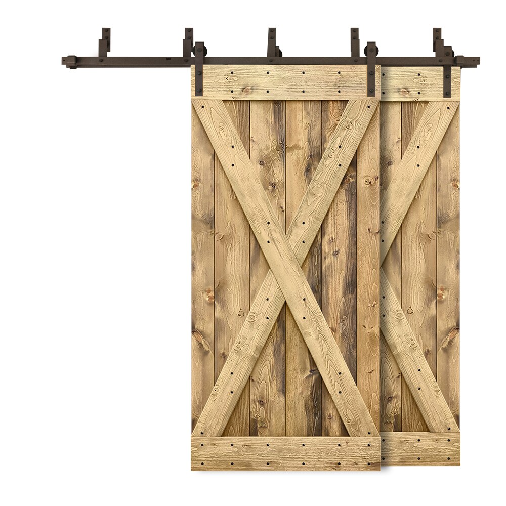 CALHOME 6XBP+S96+(2)X42S 84-in x 84-in Weather Oak Stained X-frame Knotty pine Wood Solid core Double Bypass Barn Door (Hardware Included)