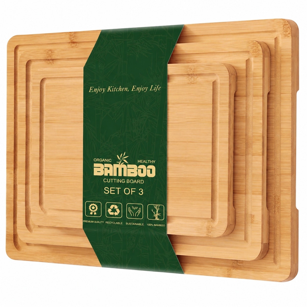 DHMHD  Bamboo Cutting Boards Set of 3 with Juice Groove and Handles Wooden Kitchen Chopping Boards for Meat Fruits and Vegetables