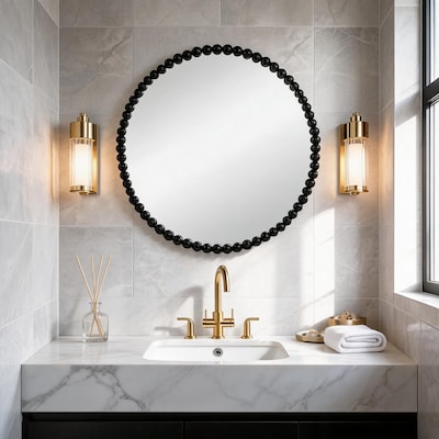 IAK 32 inch Black Metal Beaded Circle Mirror with Contemporary Design