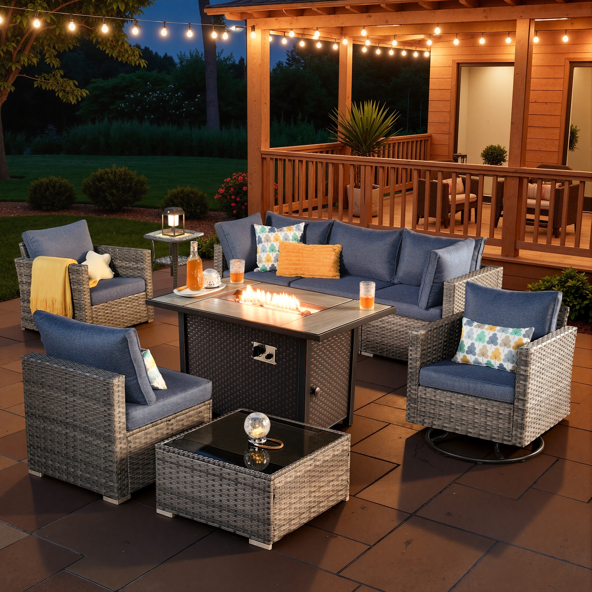 Toject 9 Pieces Outdoor Patio Furniture Set Outdoor Sectional Rattan Sofa Set with Swivel Glider Chairs Fire Pit Table Gray PE Wicker Sofa Couch for Backyard Deck Porch Denim Blue