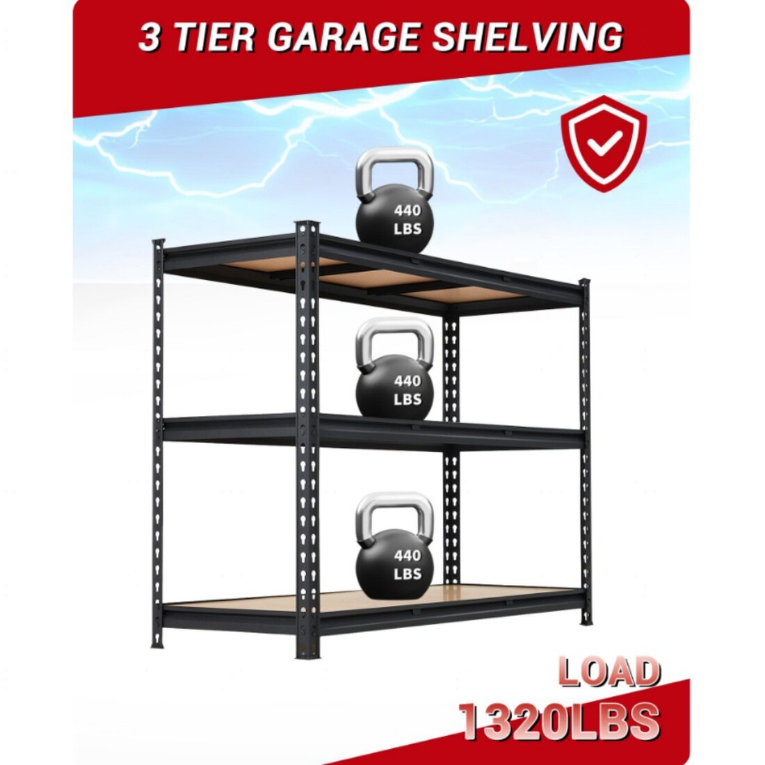 Aoile Black Boltless Carbon Steel 3-Tier Storage Shelving Unit ...