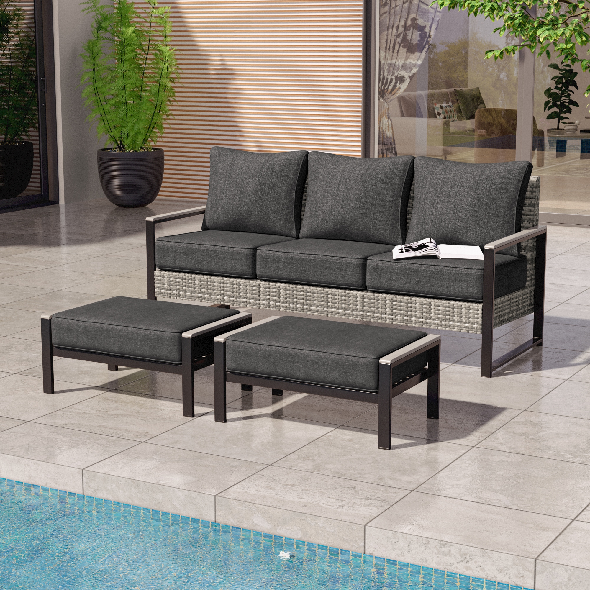 ACEGOSES LW-PS-148S1HBK Skytop 3 -Piece Wicker Patio Sofa Conversation Set with Black Cushions