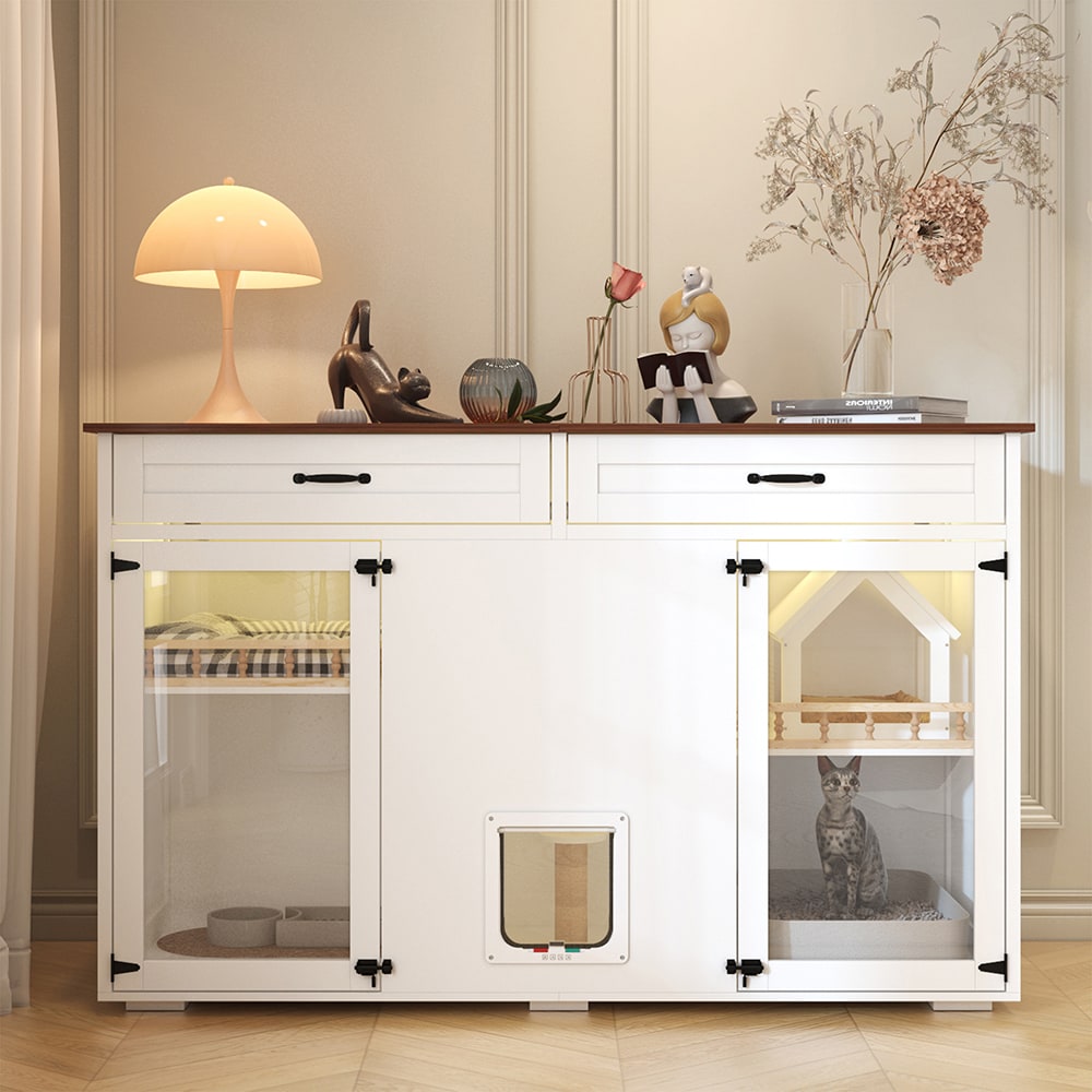 Homsee C-KF180199-01+02 Modern Composite Indoor Cat House with Hidden Litter Box Warm LED Lighting Glass Doors and Multi-Level Storage 63''L x 23.6''W x 39.4''H White