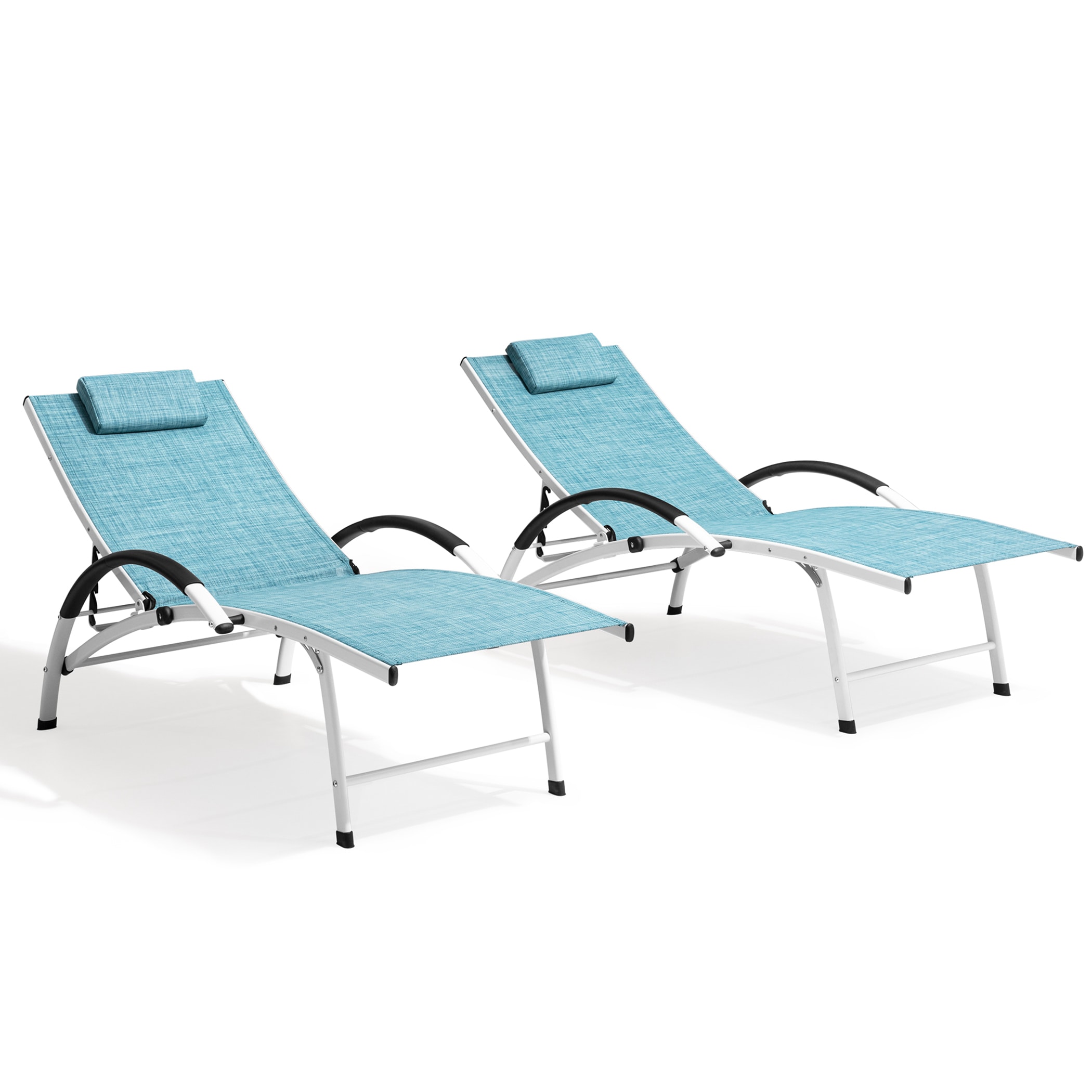 Crestlive Products CL-LG003BLU-2PC Outdoor Reclining Chaise Lounge Chair (2PCS Blue) Set of 2 White Metal Frame Stationary Chaise Lounge Chair with Blue Mesh Seat