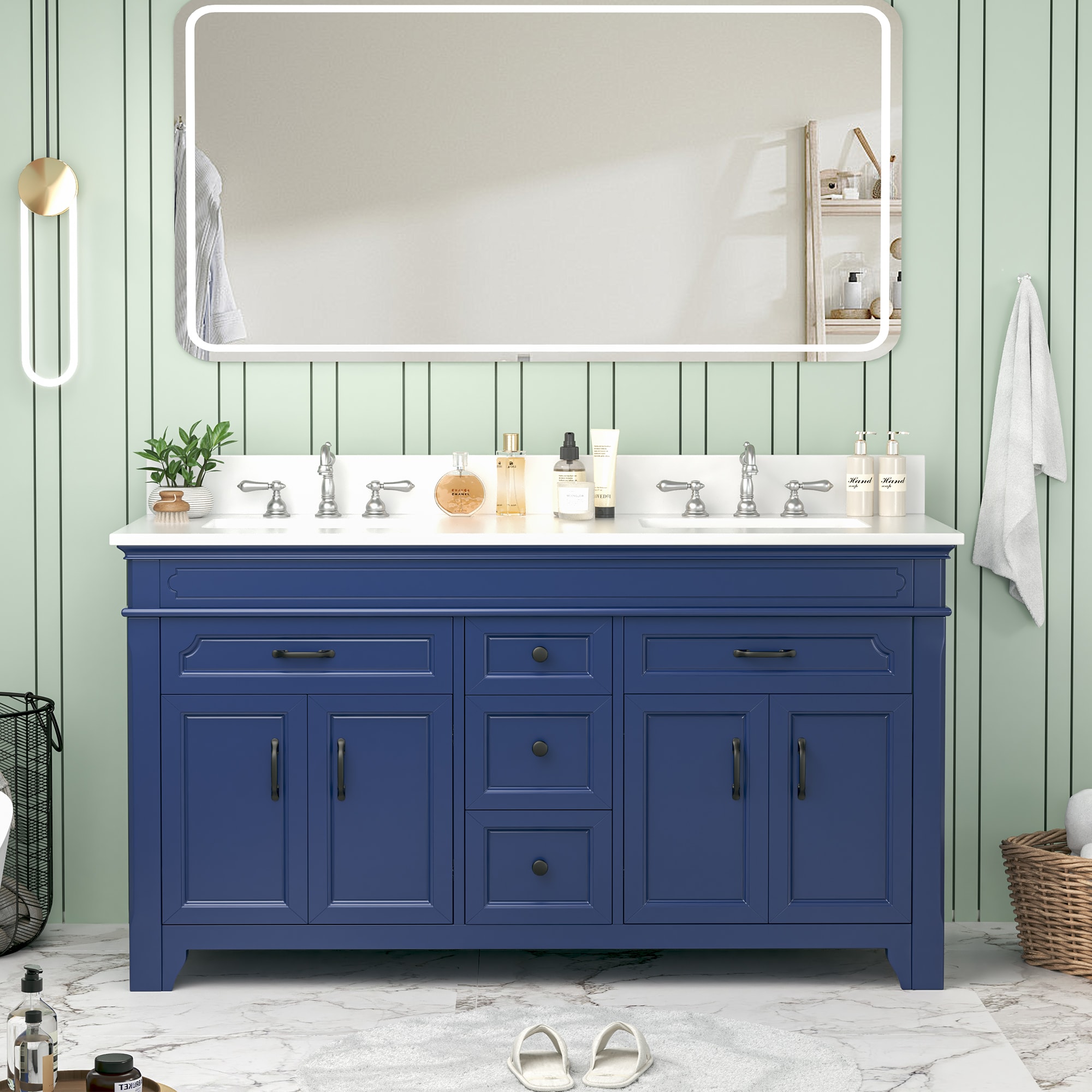 JEAREY FGYSG-HZ-48 60-in Blue Double sink Bathroom Vanity with White Ceramic Top
