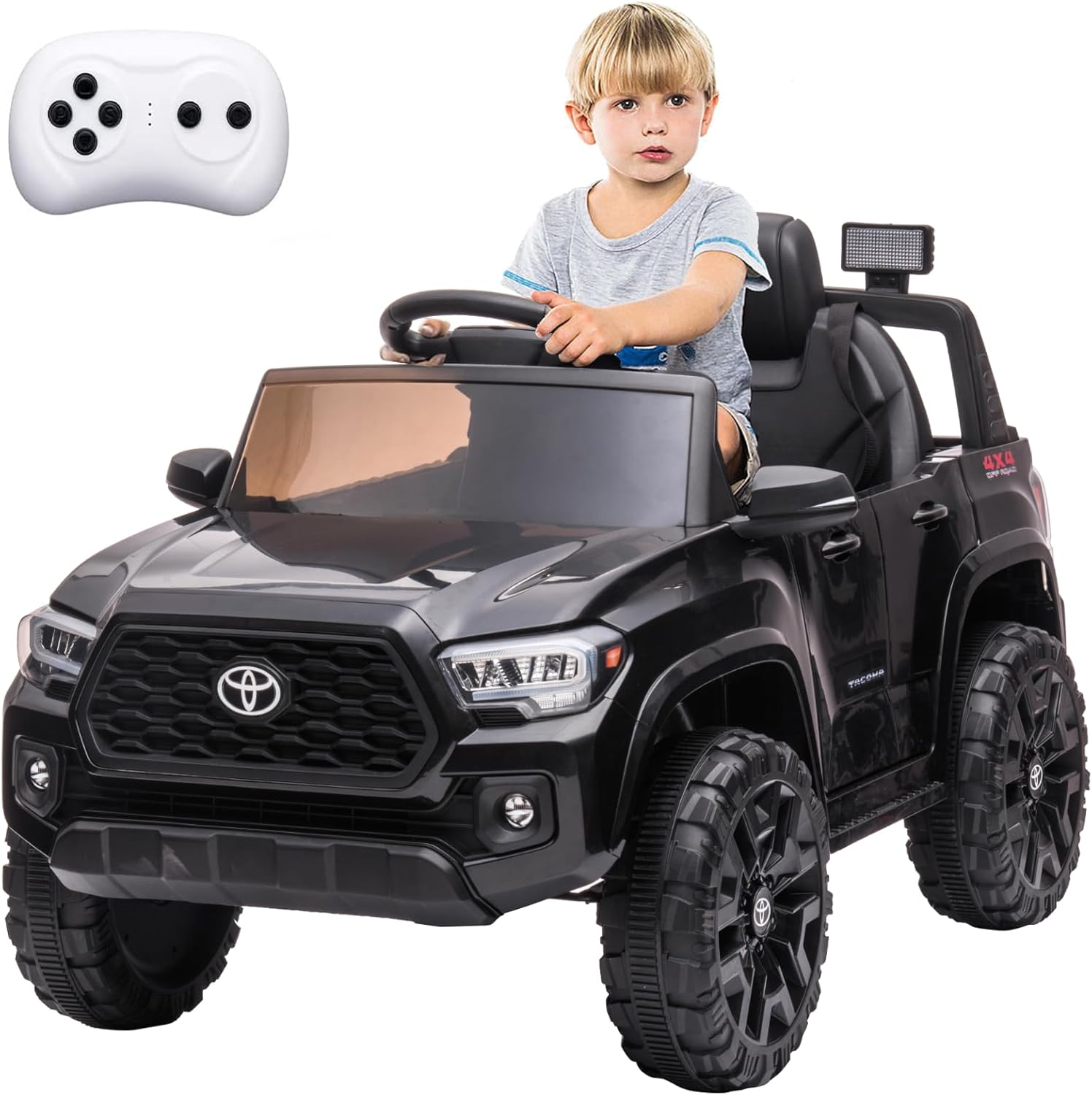 Qeetex 629832729172 For Toyota Tacoma 12V Kids Ride On Car Kids Electric Vehicles with Parent Remote Control Spring Suspension Safety Belt Soft Start Led Headlight Age for 37-96 Months-Black