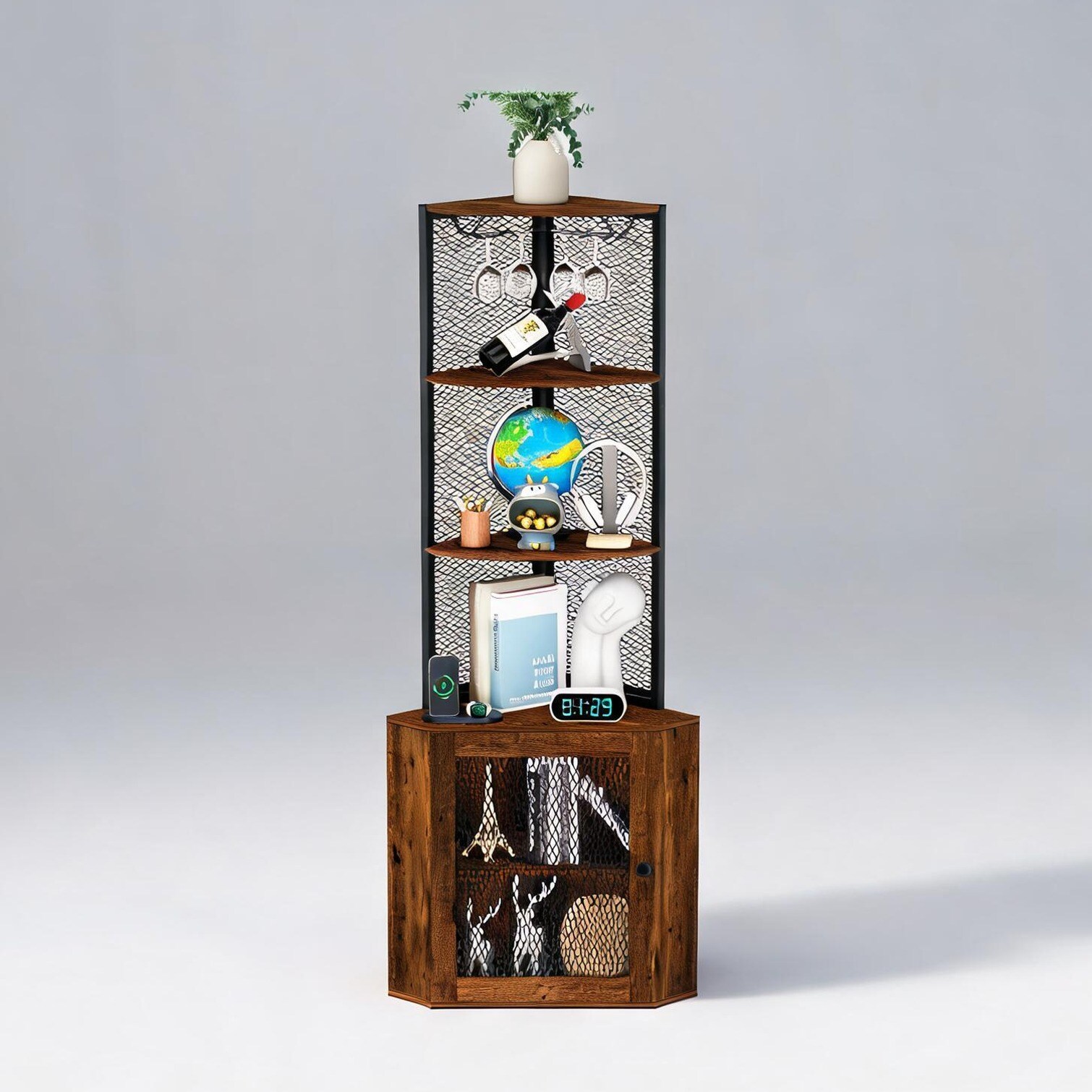 FlowLuxe Classic Brown Wood Corner Cabinet with Doors 65 in Freestanding Storage Charging Station Wine Rack