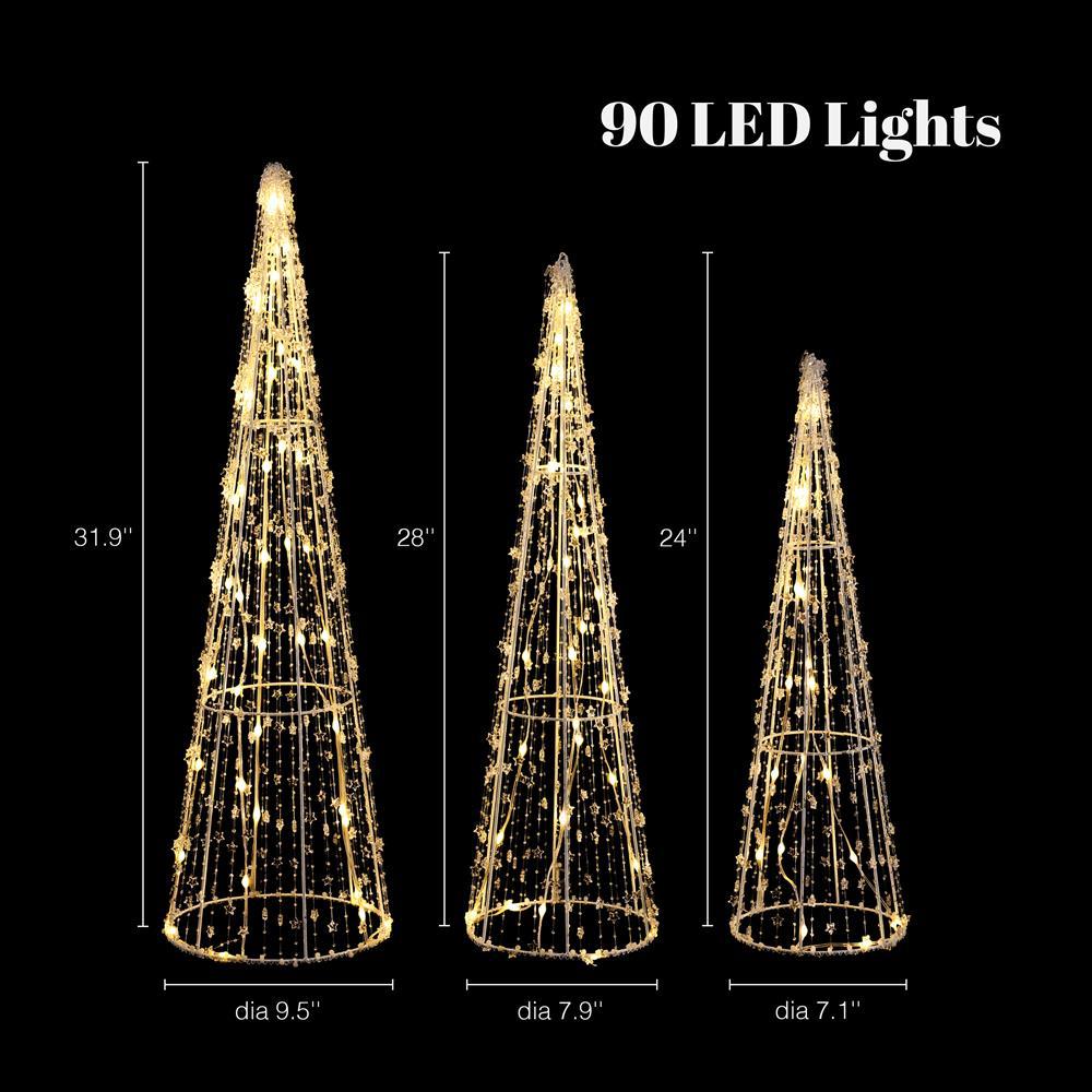 Gold Lighted Metal Cone Trees Set for Indoor and Outdoor Holiday Decoration