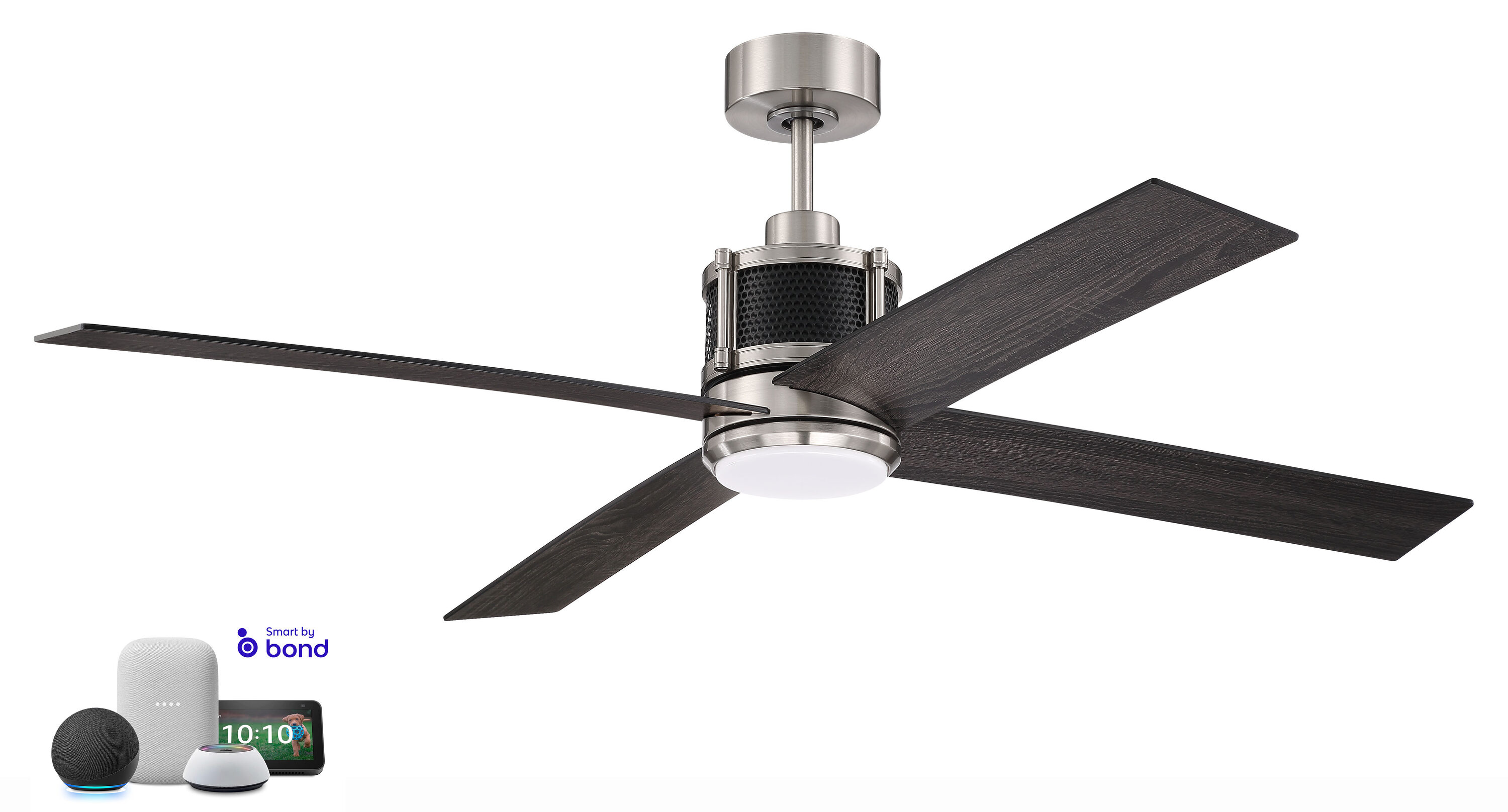 Craftmade GRG56BNKFB4 Gregory 56-in Integrated LED Smart Brushed Polished Nickel/Flat Black with Flat Black/Greywood Blades Ceiling Fan With Light - Remote Included ( 4 -Blade )