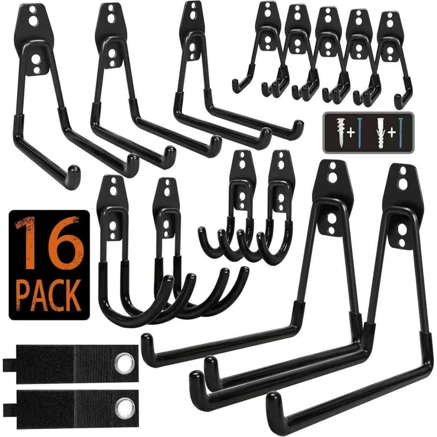 OGETFUUR 16-Pack5in to 8in L Anti-Slip Black Wall Mount Hooks for Garage Wall