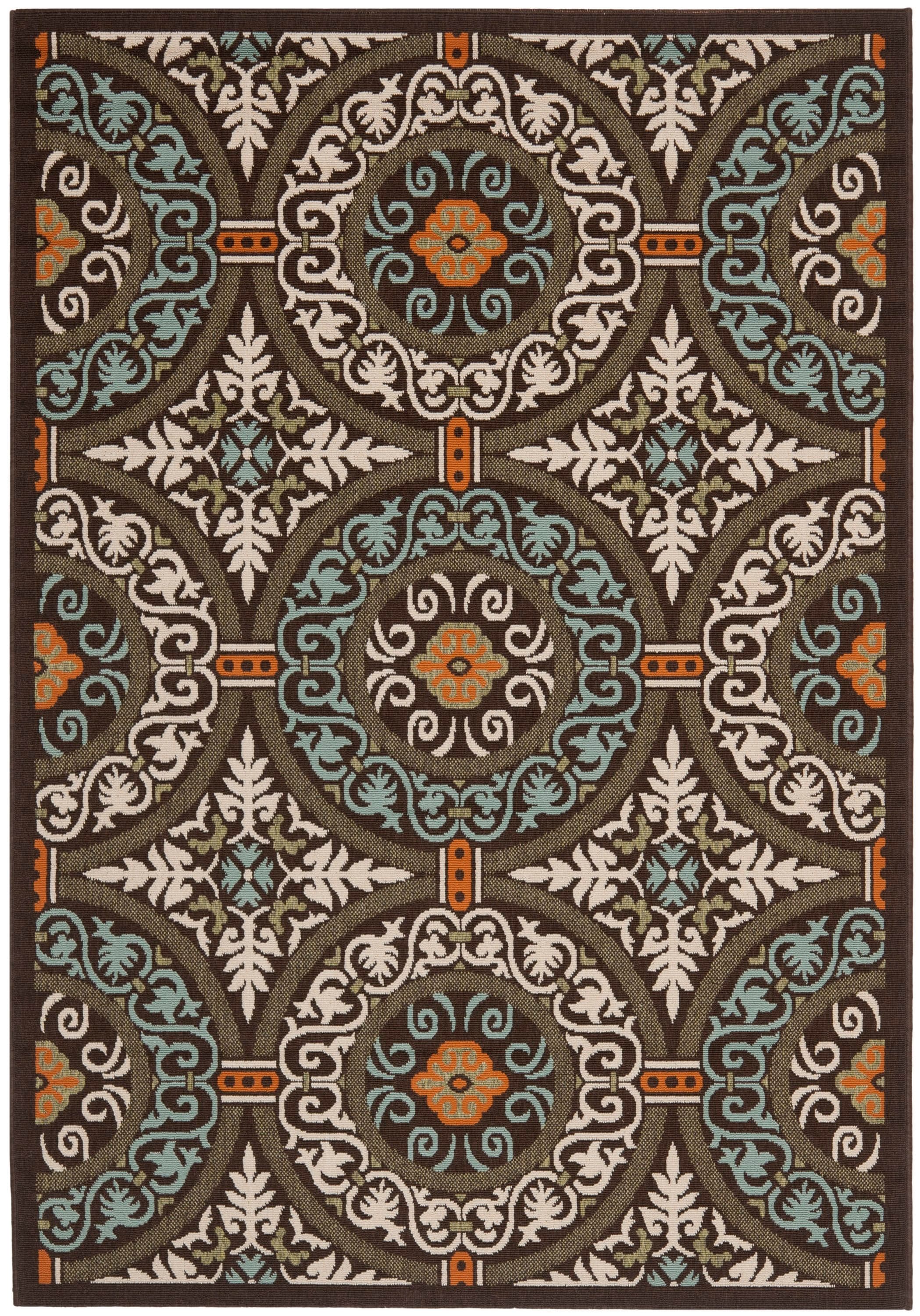 Safavieh VER055-0723-5 Veranda Rexhie 5 x 8 (ft) Loomed Synthetic Chocolate/Aqua Rectangular Indoor/Outdoor Medallion Farmhouse/Cottage Area rug