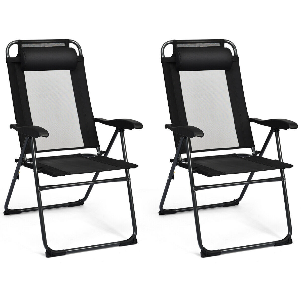 Forclover HBV-270BK-2 Patio chairs Set of 2 Black Metal Frame Stationary Beach Chair with Black Mesh Seat