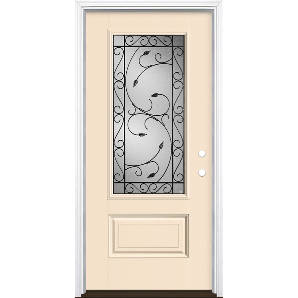 Masonite 3422491 Pergola 36-in x 80-in x 4-9/16-in Fiberglass 3/4 lite Left-hand inswing Bisque Painted Prehung Single door Front Door with Brickmould Insulating core Decorative glass