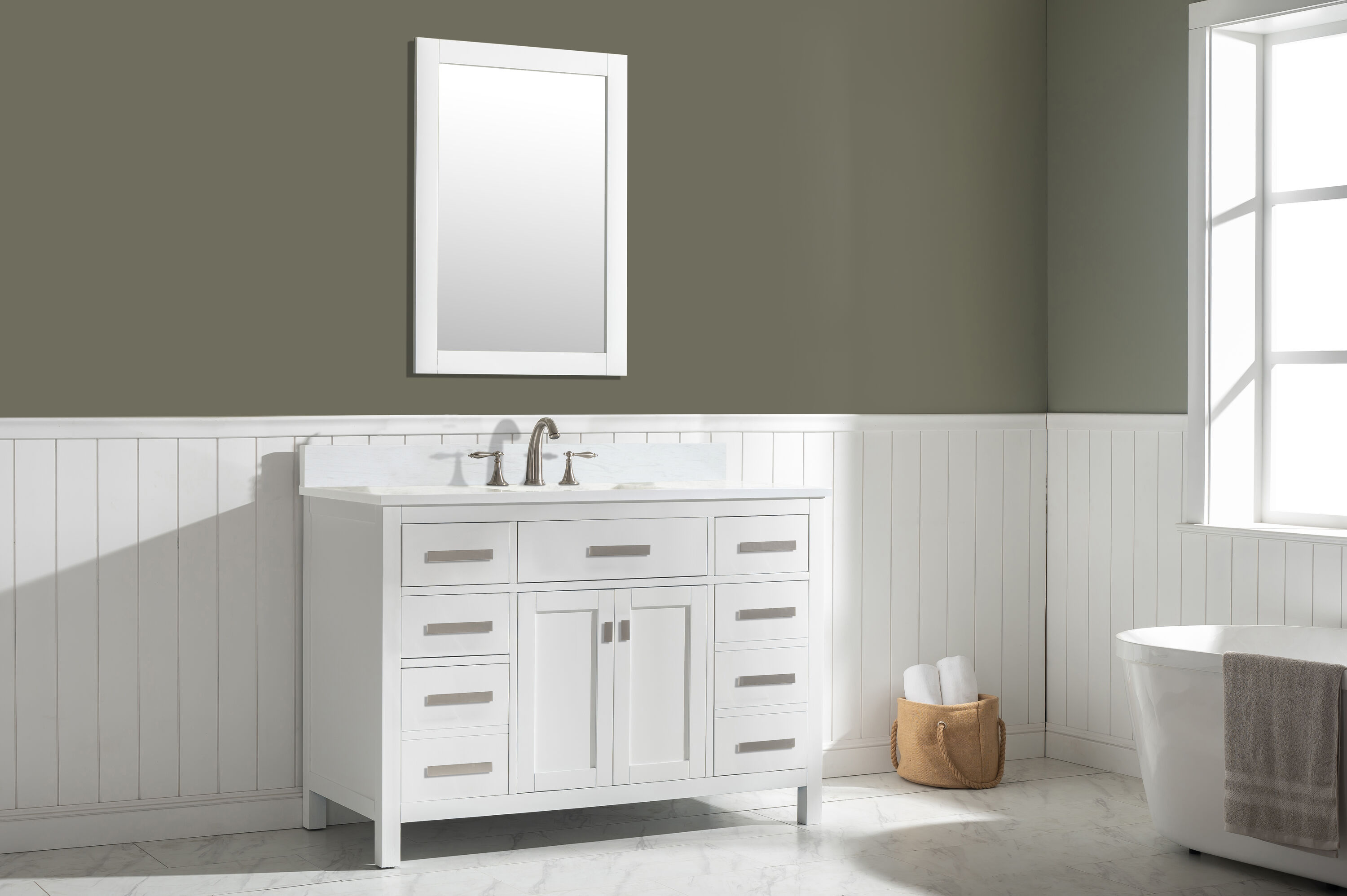 White Quartz Freestanding Single Vanity with Porcelain Sink