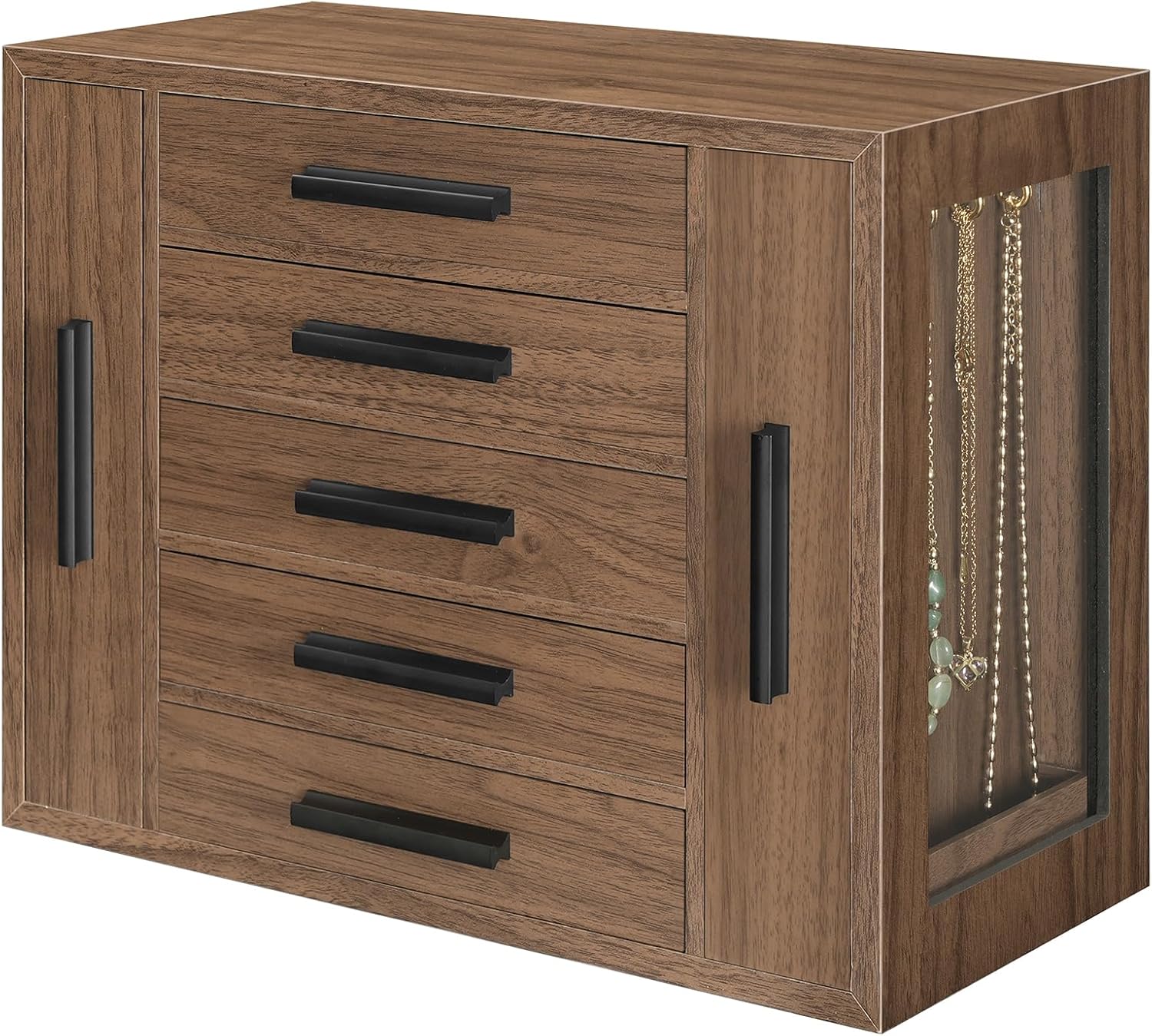 Hoobro B0DZP16M67 5 Tier Jewelry Box Wooden Jewelry Organizer with Transparent Windows Jewelry Storage Box with 2 Vertical Drawers for Earring Necklace Bracelet Ring Watch Walnut and Black