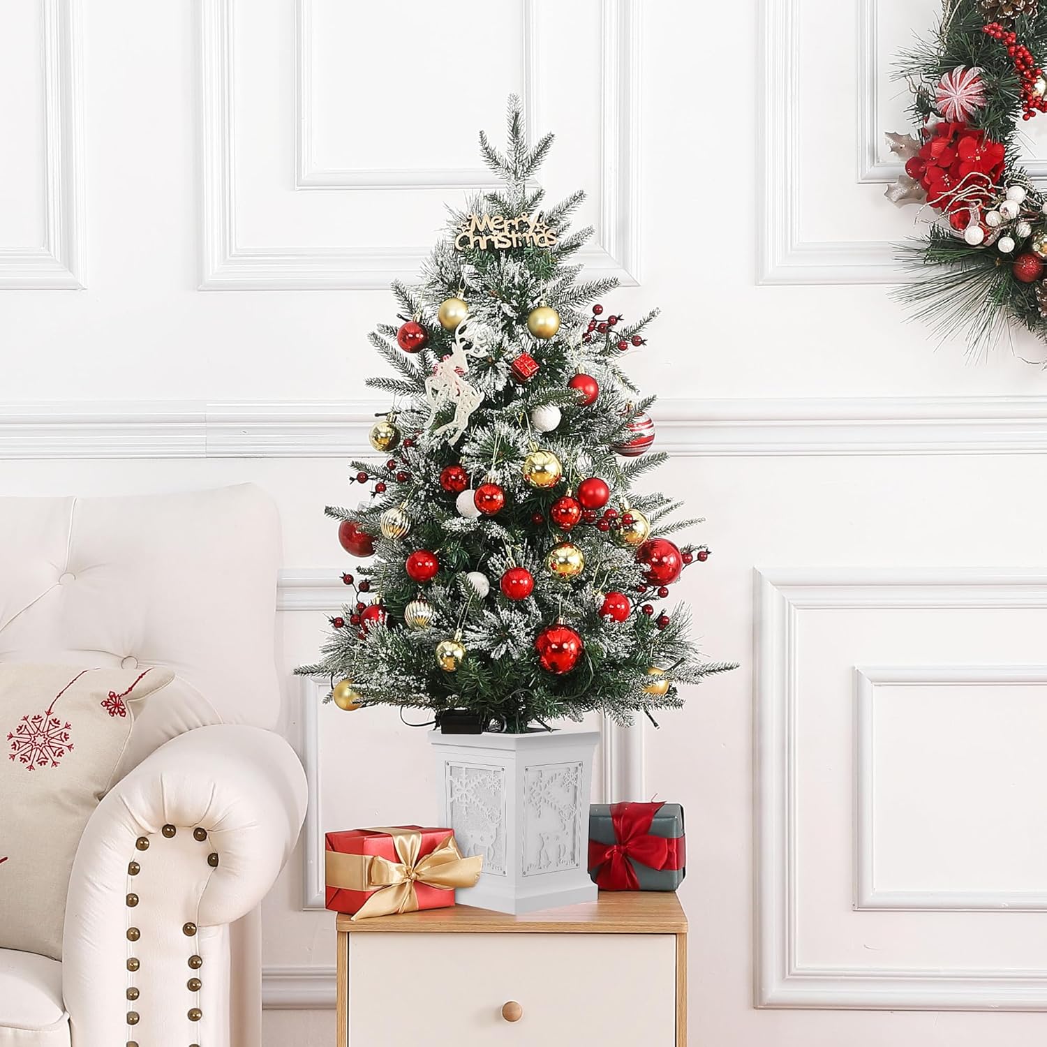 Qeetex LXL-PHO-0WIGJ5FM Christmas Tree 2 Pack 3 FT Prelit Artificial Snow Flocked 78 LED Lights Elk Base Battery Operated Timer Holiday Christmas Decoration