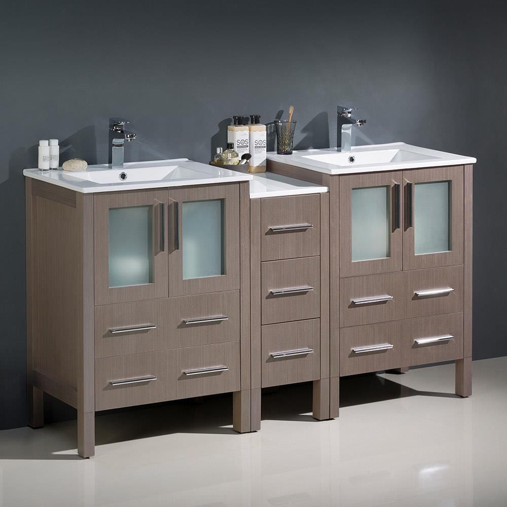 Fresca FCB62-241224GO-I Torino 60-in Gray Oak Double sink Bathroom Vanity with White Ceramic Top