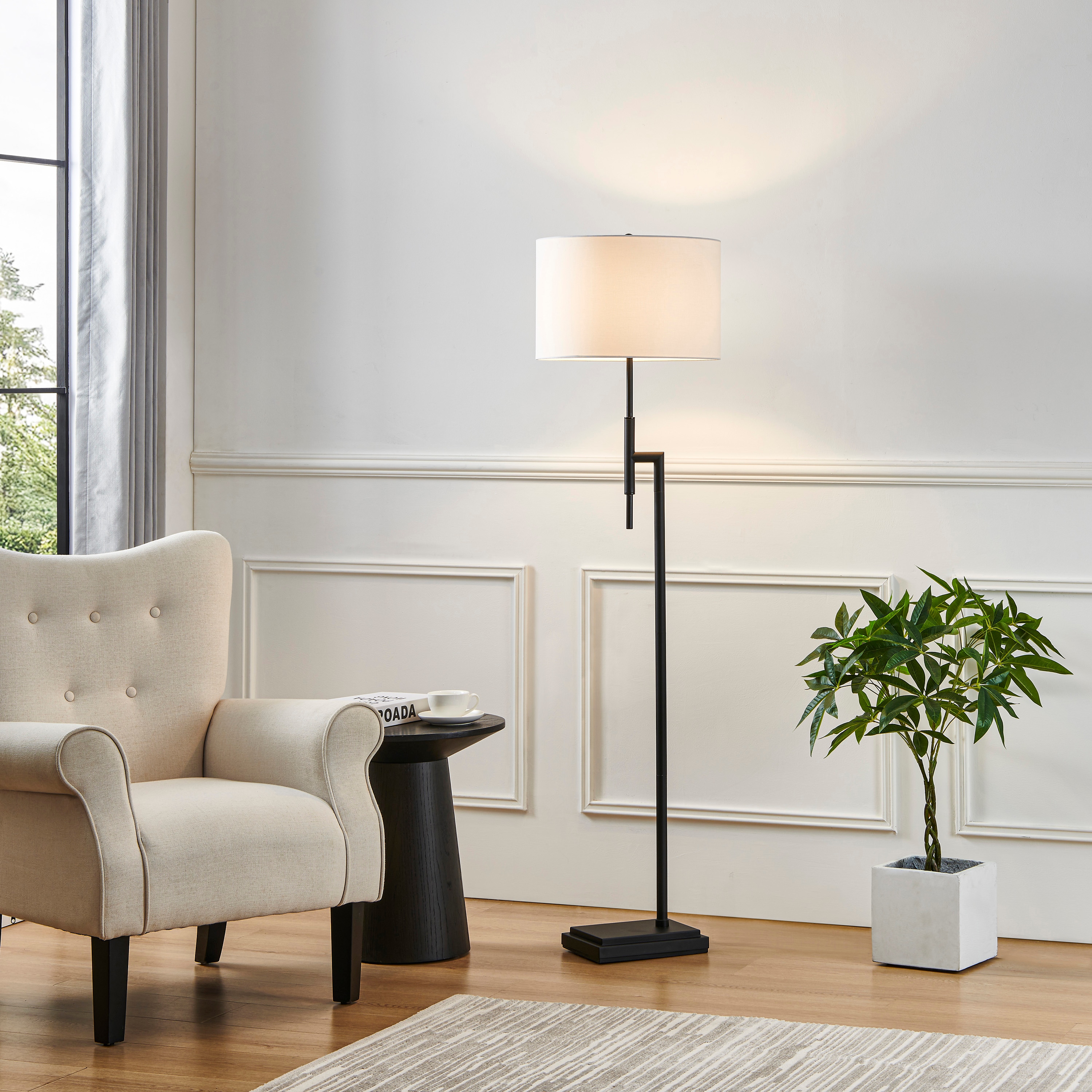 KAWOTI 65-in Matte Black Arc Floor Lamp with Fabric Shade in the