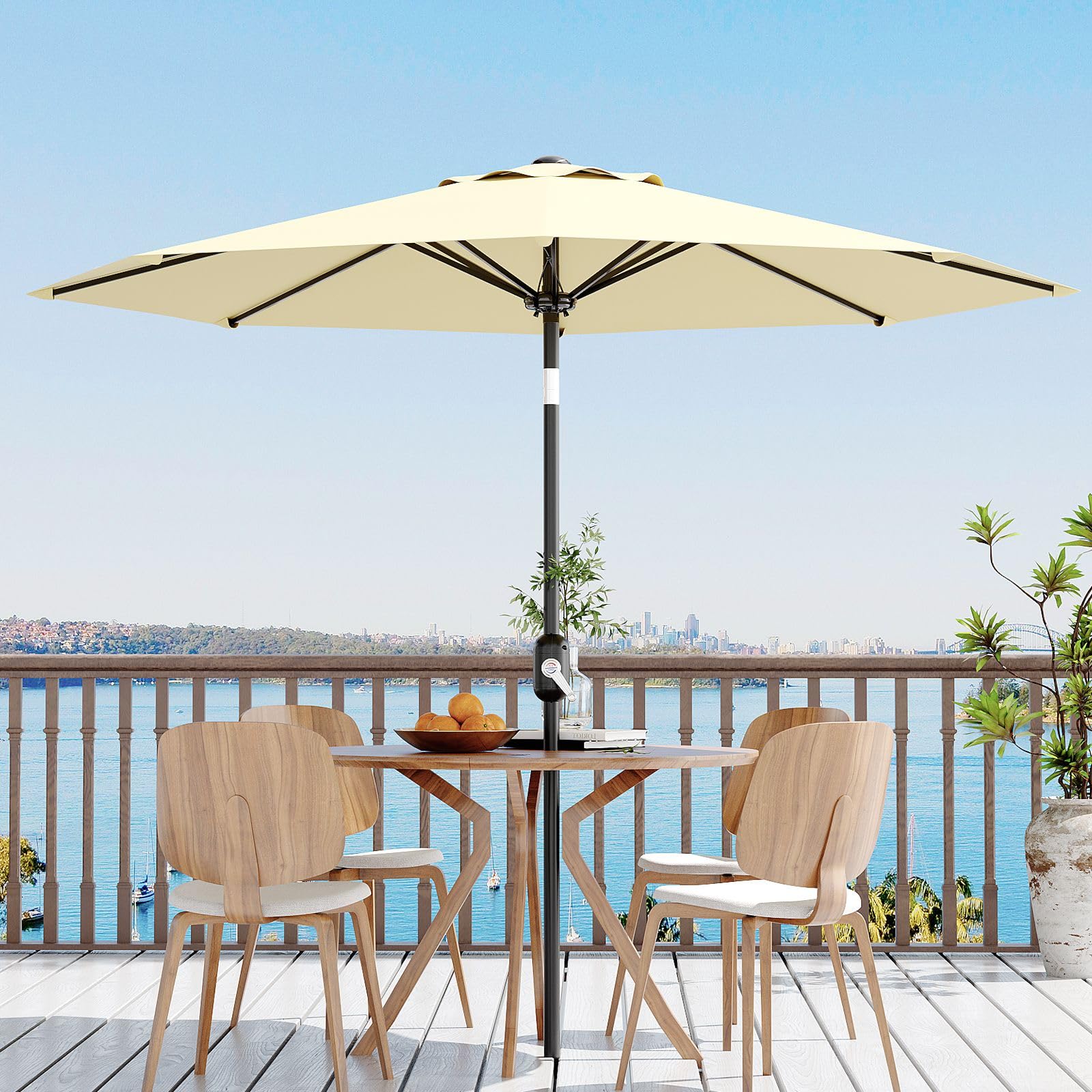 Qeetex SQY-PPG-333JFP53 9Ft UV Resistant Patio Umbrella 8 Sturdy Ribs Table Umbrella with Easy Push Button Tilt Large Umbrella for Pool Yard and Garden Beige