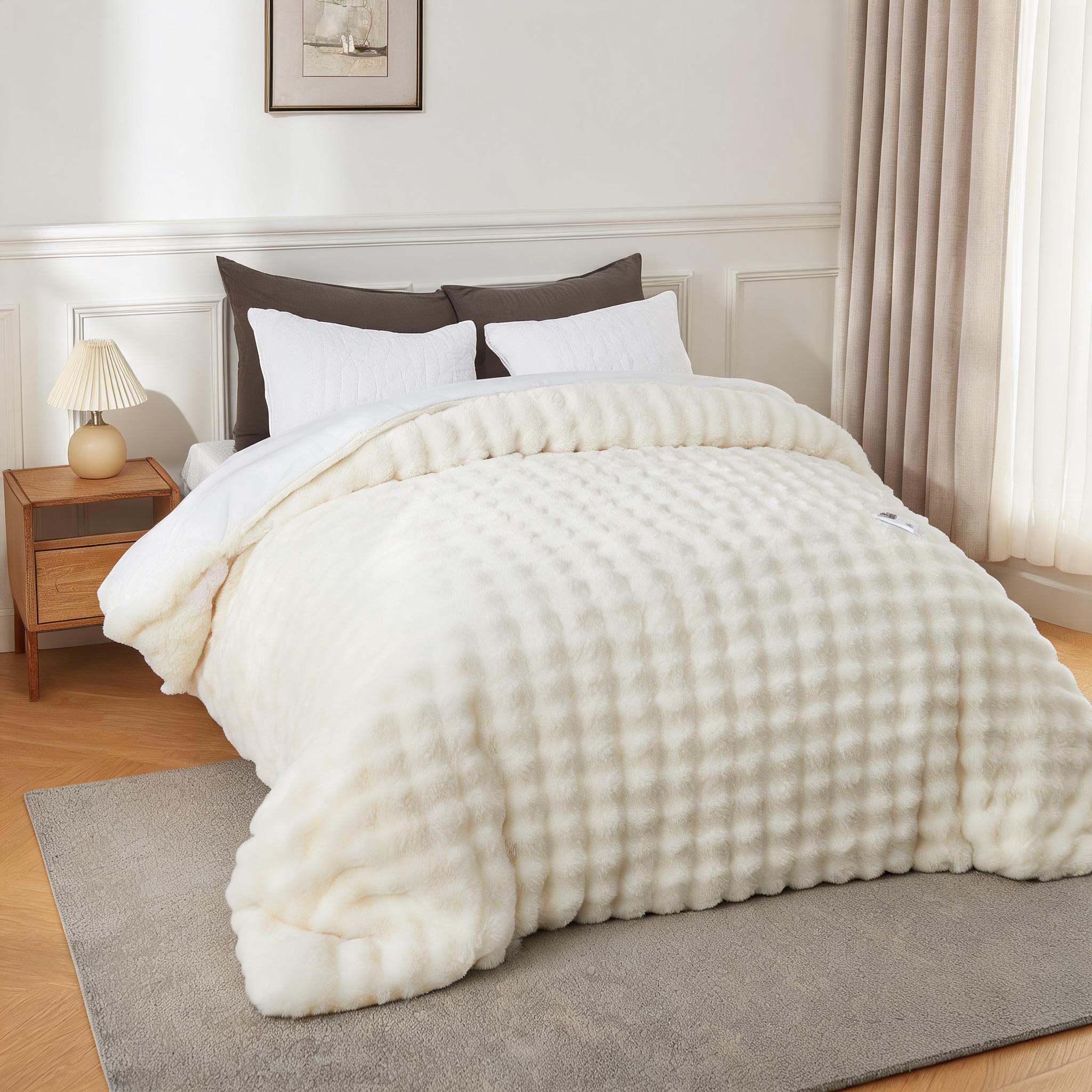 Garvee Queen Creamy White Wireless Heated Blanket Faux Fur Comforter Dual Zone
