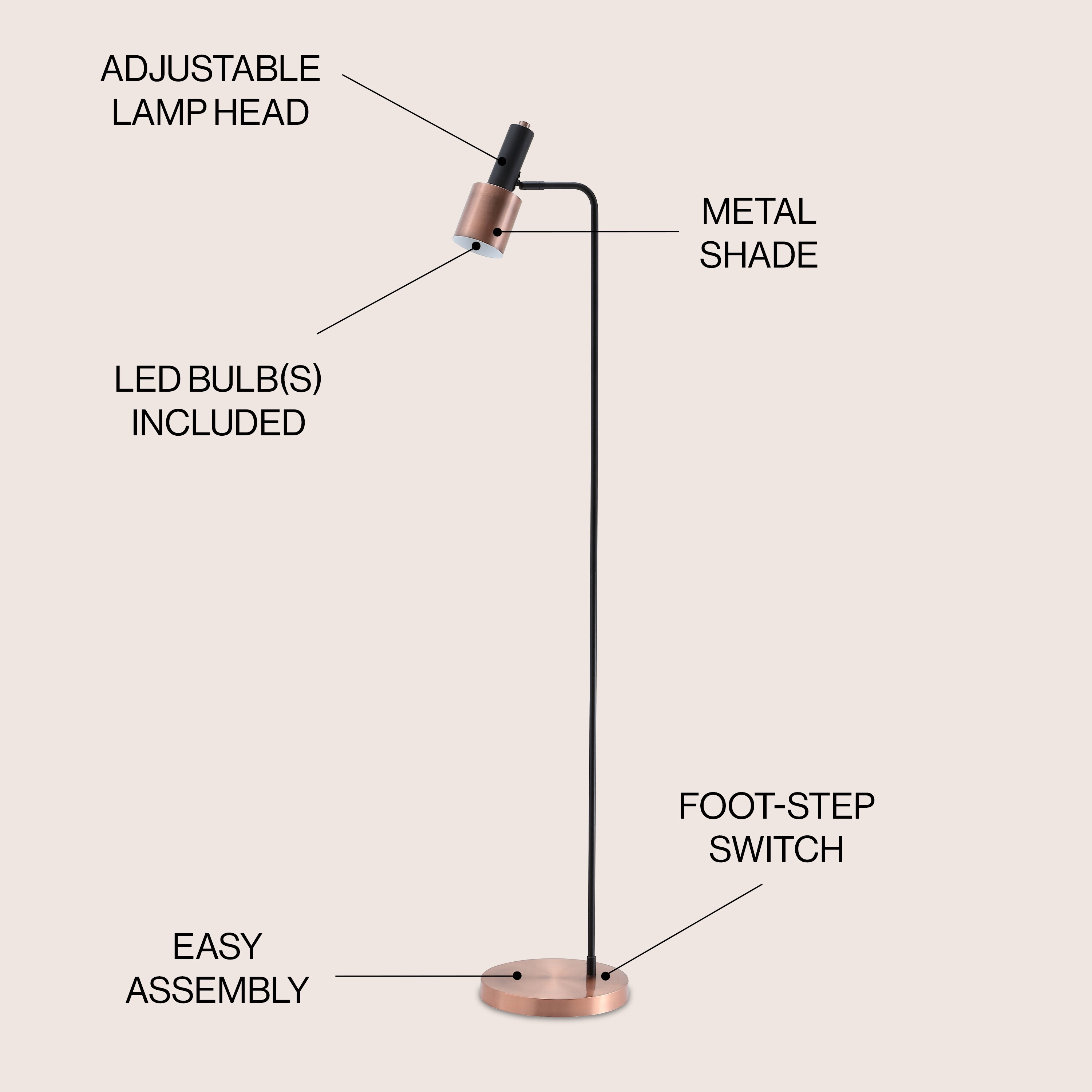 Brady 59.5" Black and Copper Modern LED Task Floor Lamp