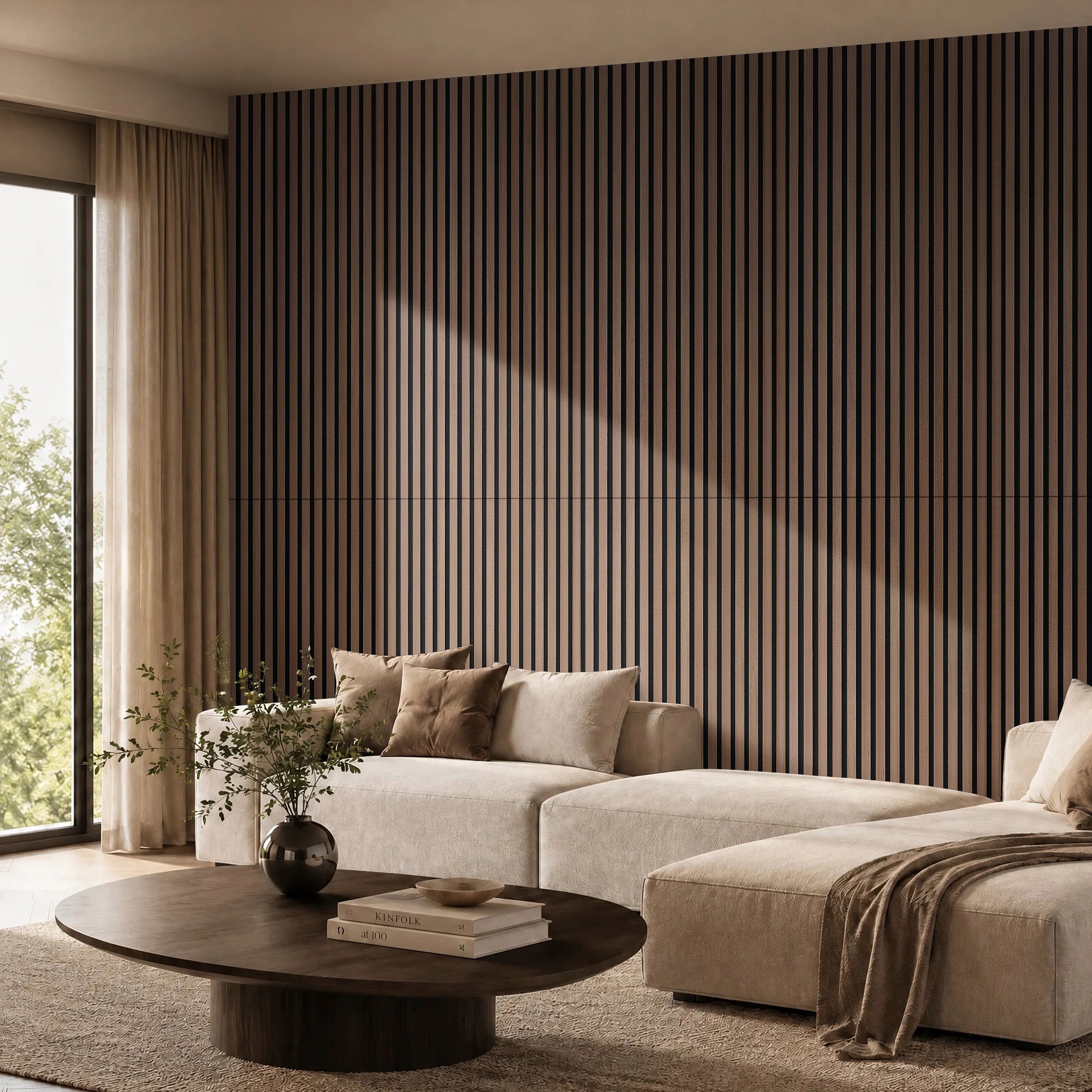 Belffin 4PCS PU Walnut Slat Wall Panels 3 Sided Veneer Acoustic Paneling for Interior Wall Decoration