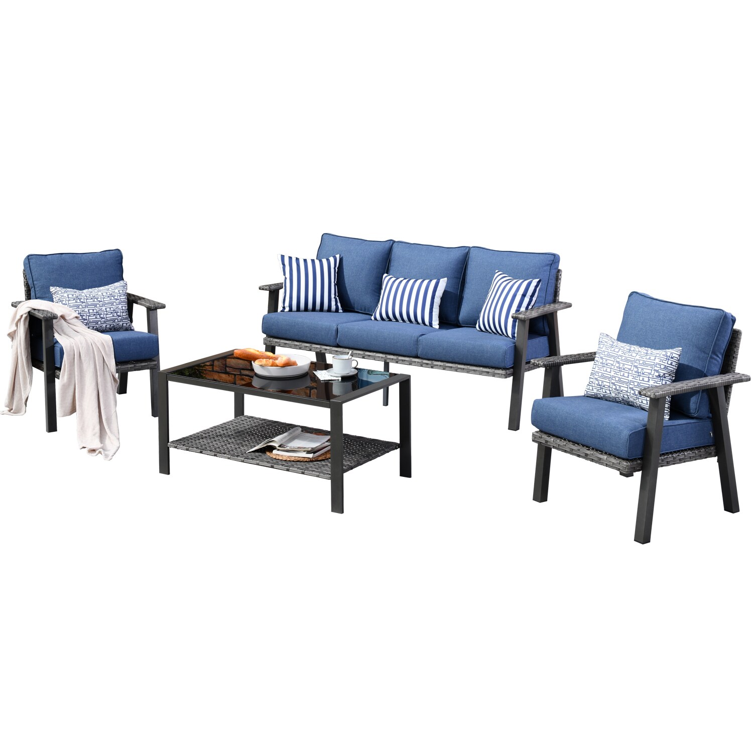 XIZZI XIHWA302 Taurus Rattan Outdoor Sectional with Blue Cushions and Steel Frame