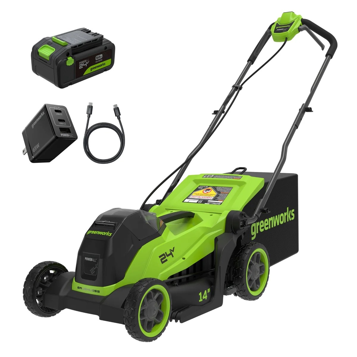 Greenworks 24-Volt 14-in Battery Push Lawn Mower (Battery and Charger Included)