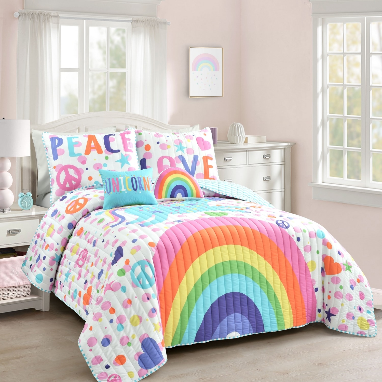 Full White Microfiber Reversible Unicorn Rainbow Quilt Set