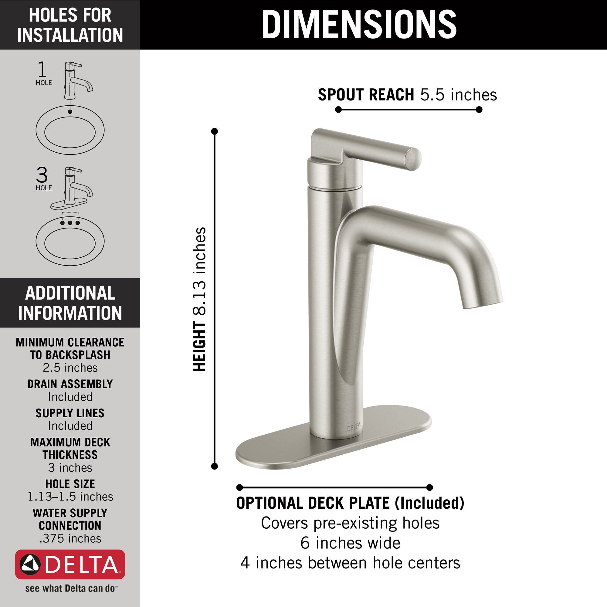 Delta Nicoli Stainless 1-handle Single Hole WaterSense Low-arc Bathroom Sink Faucet with Drain with Deck Plate