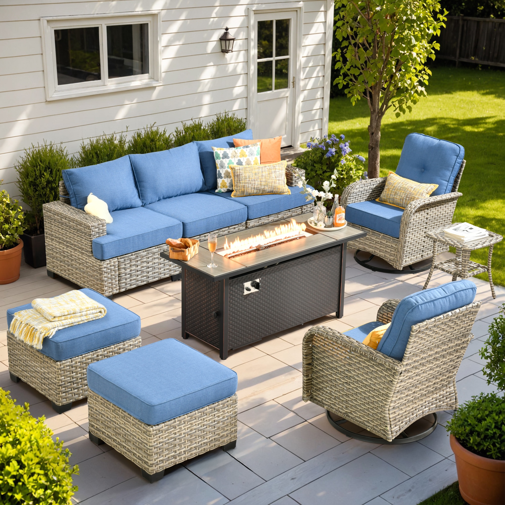 Ovios RFP5TS508YV 9 -Piece Wicker Patio Sofa Conversation Set with Blue Cushions