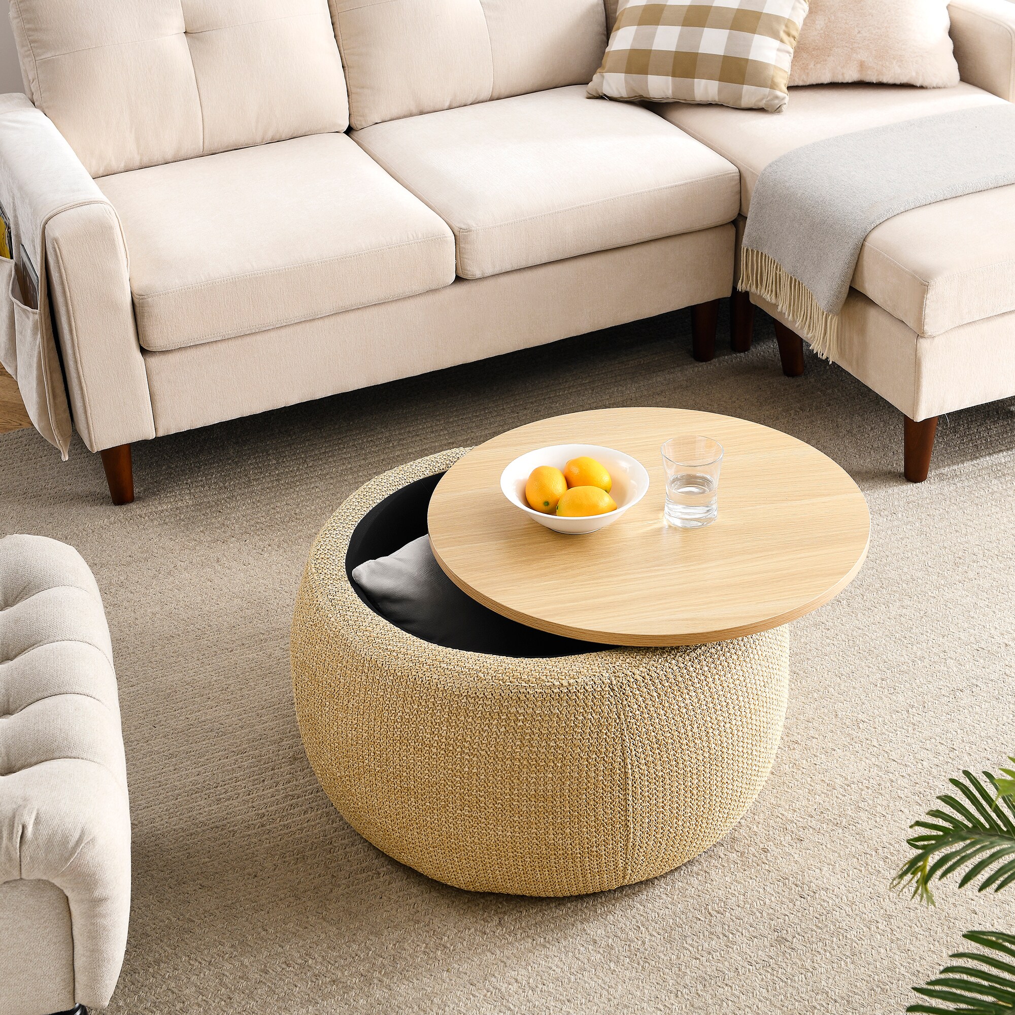 KTMBDW 25.5-In Round Storage Ottoman Coffee Table - Ottoman with Storage Upholstered Coffee Tables for Living Room -Yellow