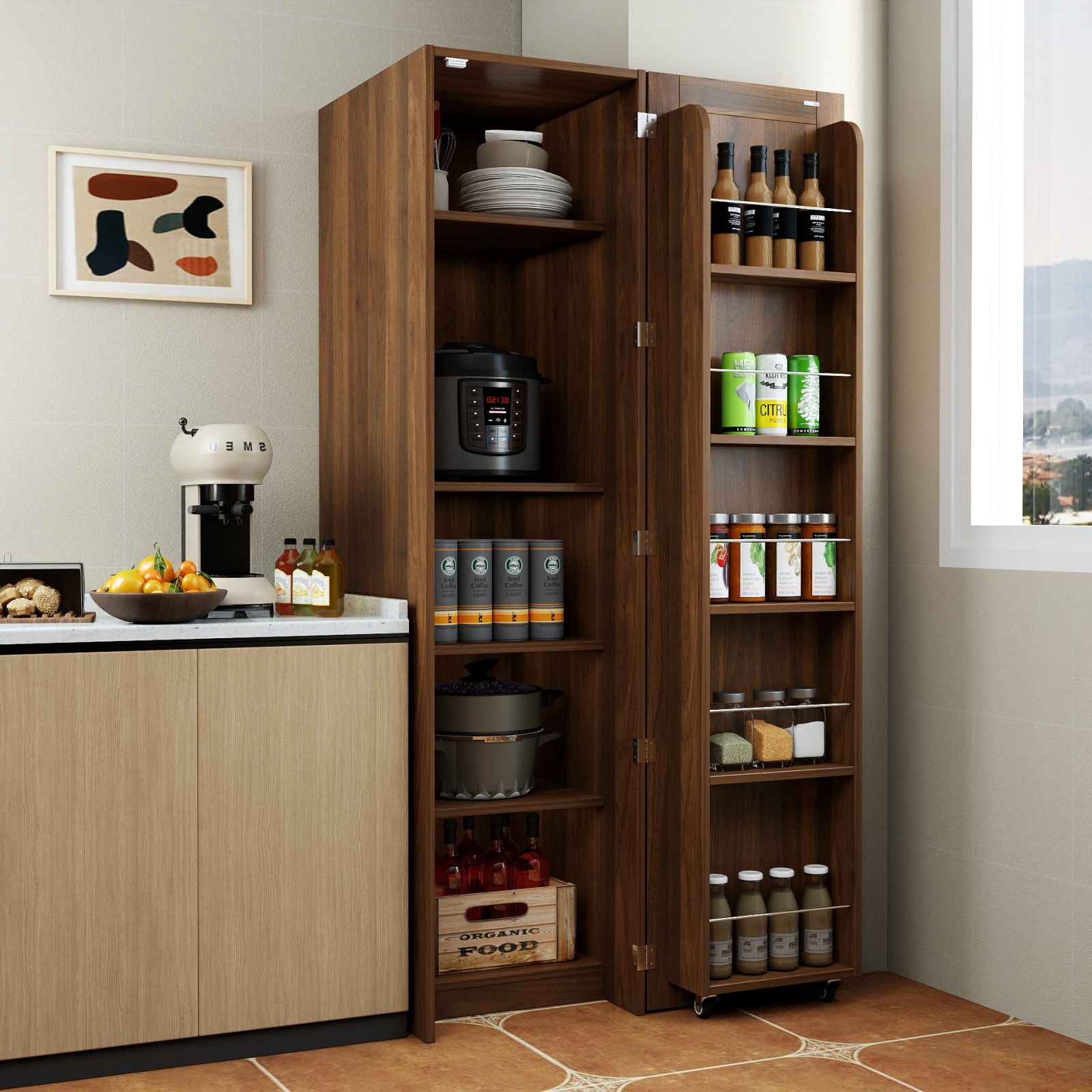 GlasFlength  Kitchen Pantry Cabinet Freestanding Buffet Sideboard with Doors Shelves Adjustable Storage Multi Tier Organizer Durable Multi Functional Kitchen Dining Walnut Brown