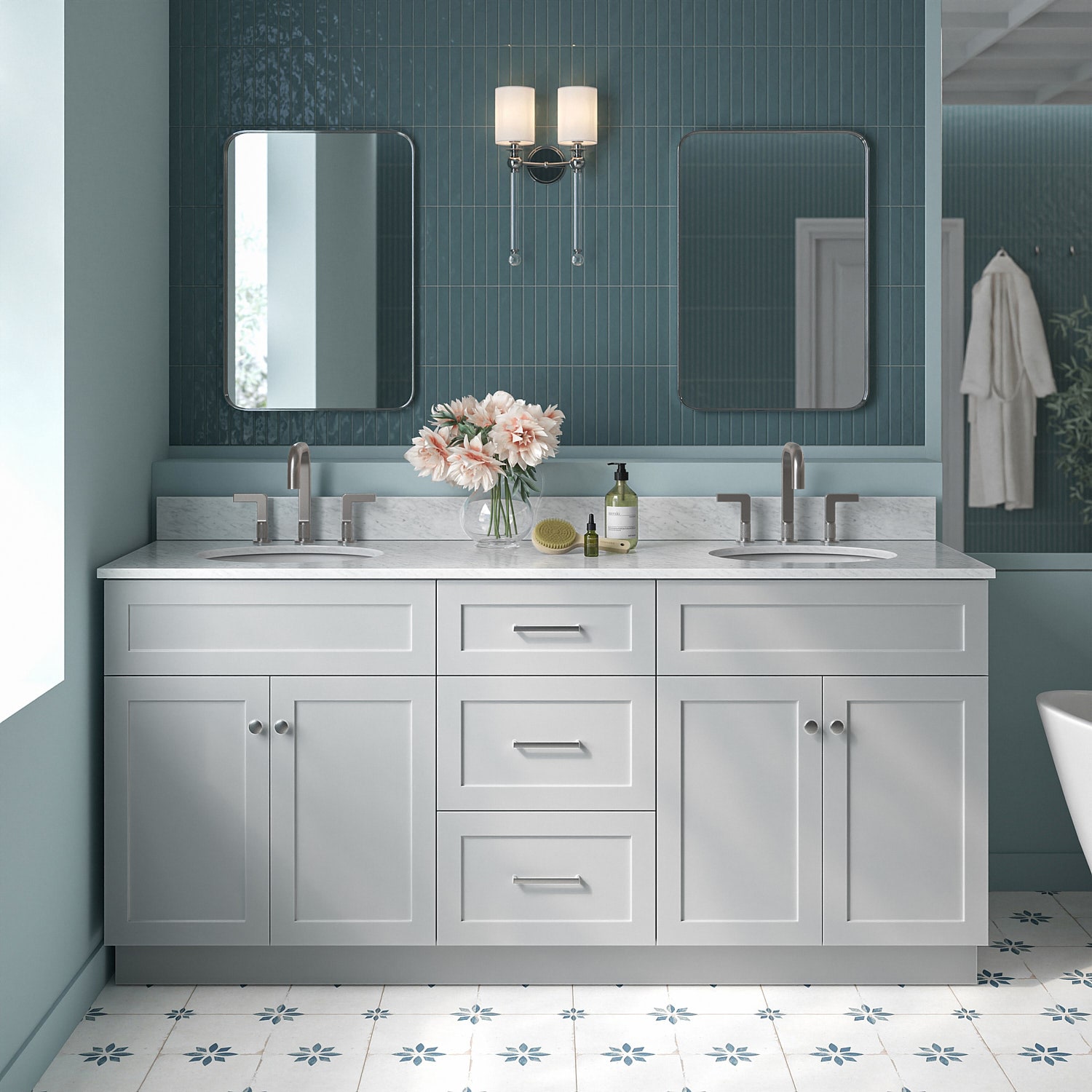 ARIEL F073DCW2OVOGRY Hamlet 73-in Gray Undermount Double sink Bathroom Vanity with 0.75" Carrara White Marble Natural marble Top