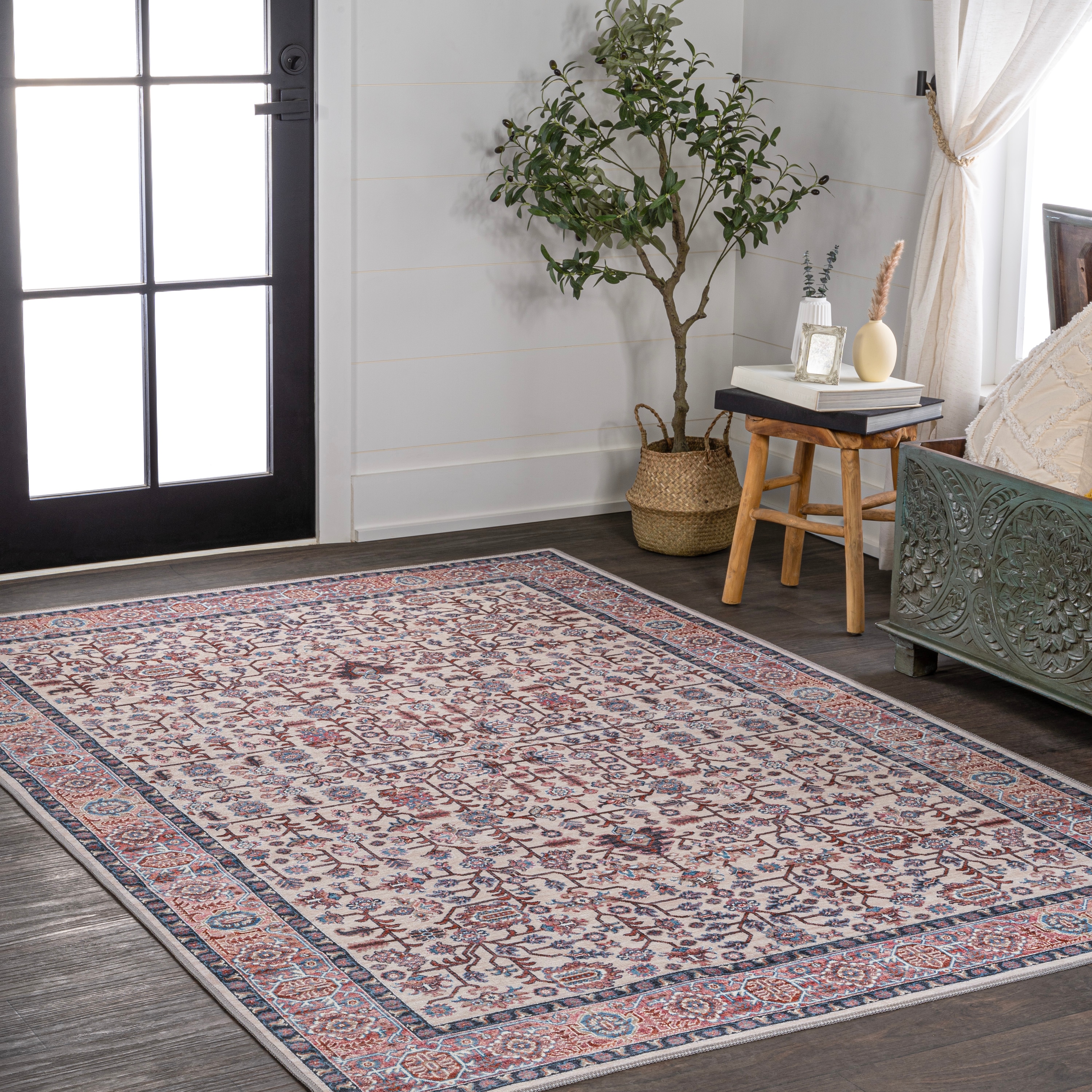 Kemer Persian Washable Chenille Beige/Red/Blue 3 ft. x 5 ft. Area Rug