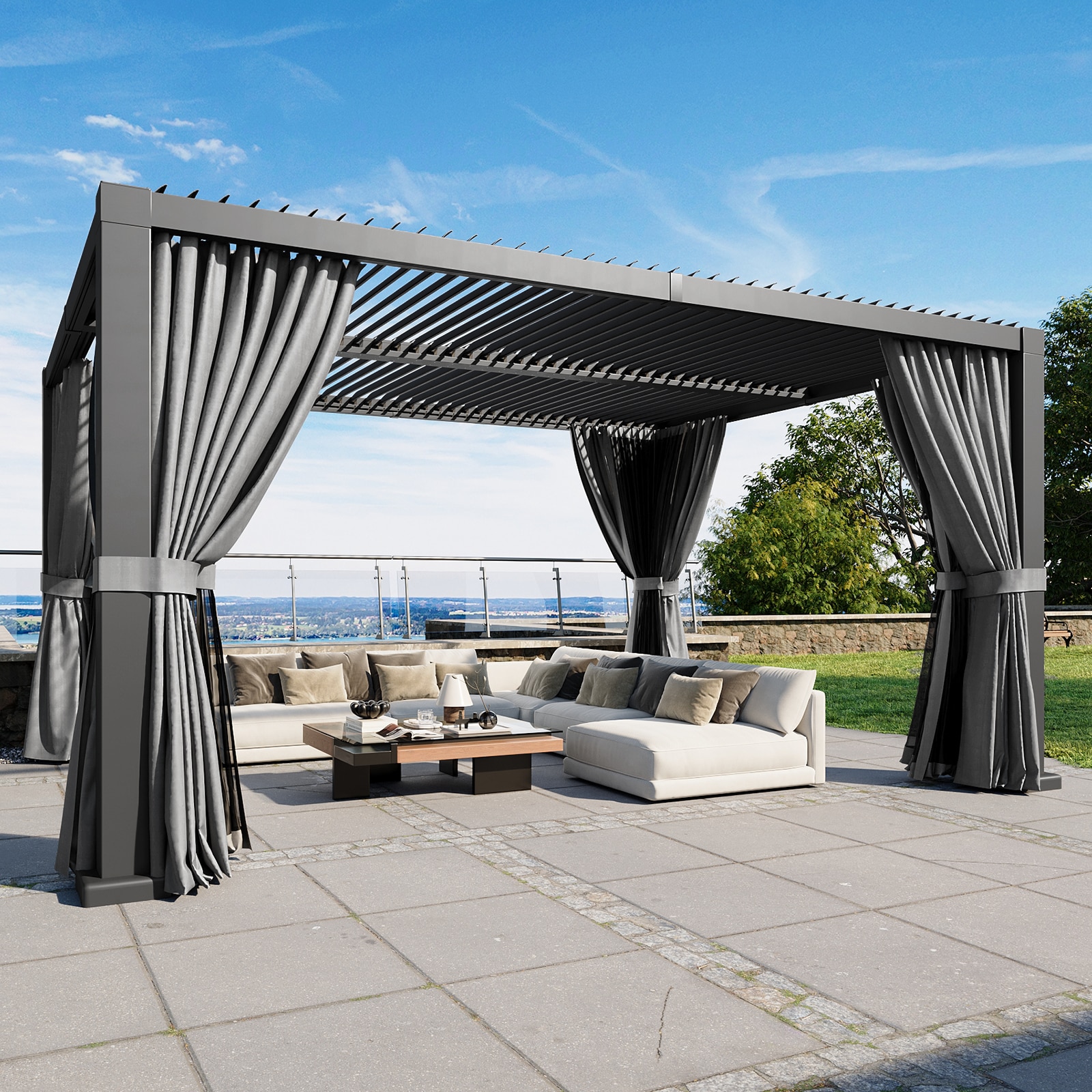 AOXUN AX-403G20 Pergola 16-ft W x 12-ft L x 8-ft H Gray Metal Freestanding Pergola with Canopy