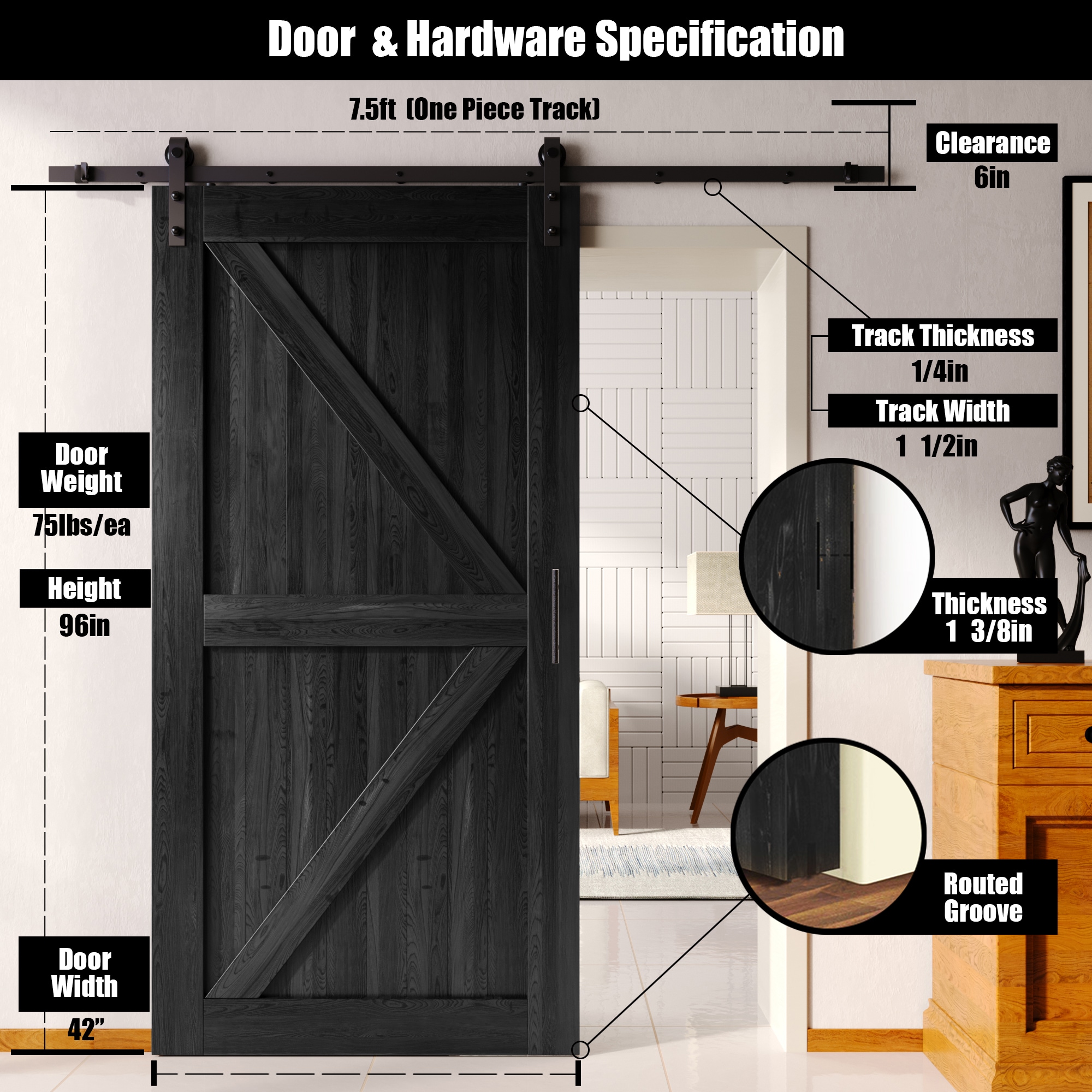 HOMACER YT1TGH090C-4296-K-BK Barn-Doors - View #2