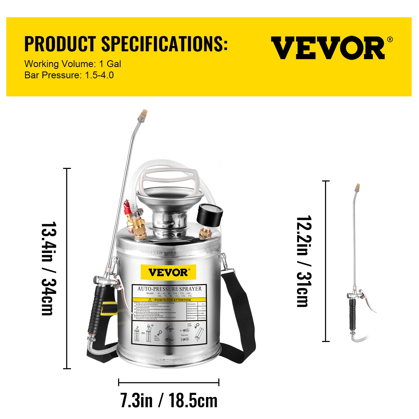 VEVOR 10L Stainless Steel Sprayer w/3' Hose for Pesticide Clean