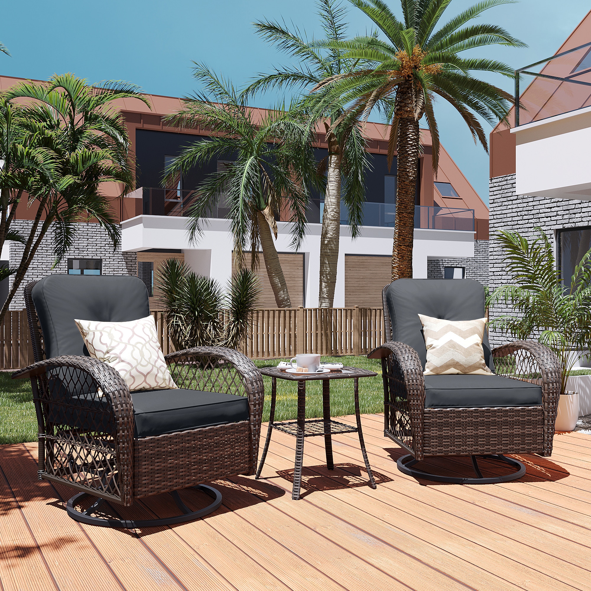 Patio Watcher LHY-B-DGRAY-CJ Rocking Chair 3 -Piece Rattan Patio Conversation Set with Dark Gray Cushions