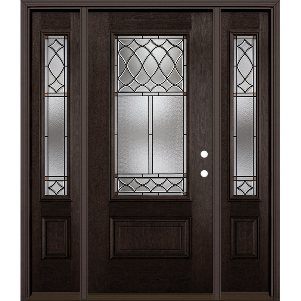 Masonite 1328083 Sheldon 64-in x 80-in Fiberglass 3/4 Lite Left-Hand Inswing Walnut Stained Prehung Single Front Door with Sidelights with Brickmould Insulating Core