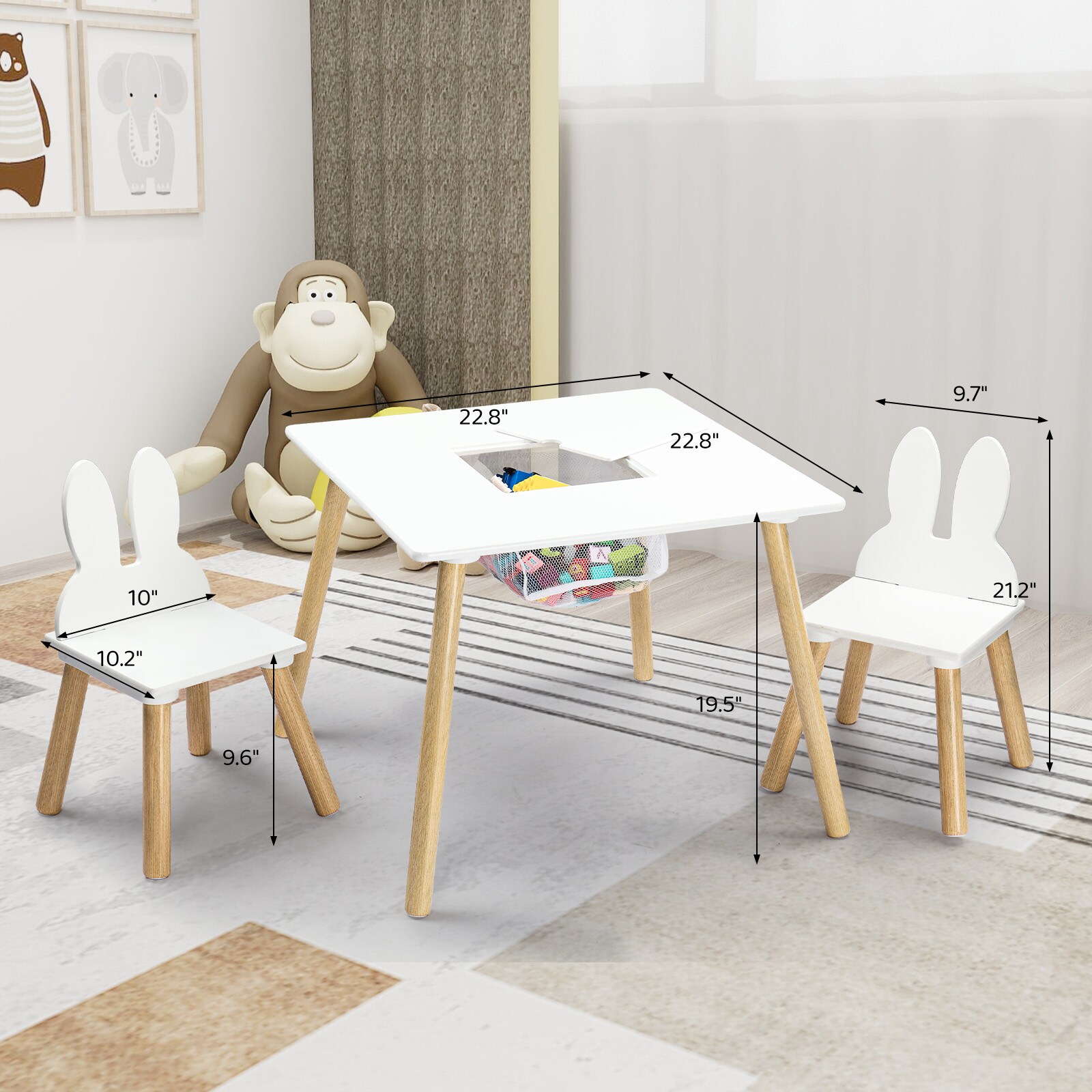 JOYMOR Kids Table and 2 Chairs Set with Storage Bunny Ear Design 3 in 1 ...