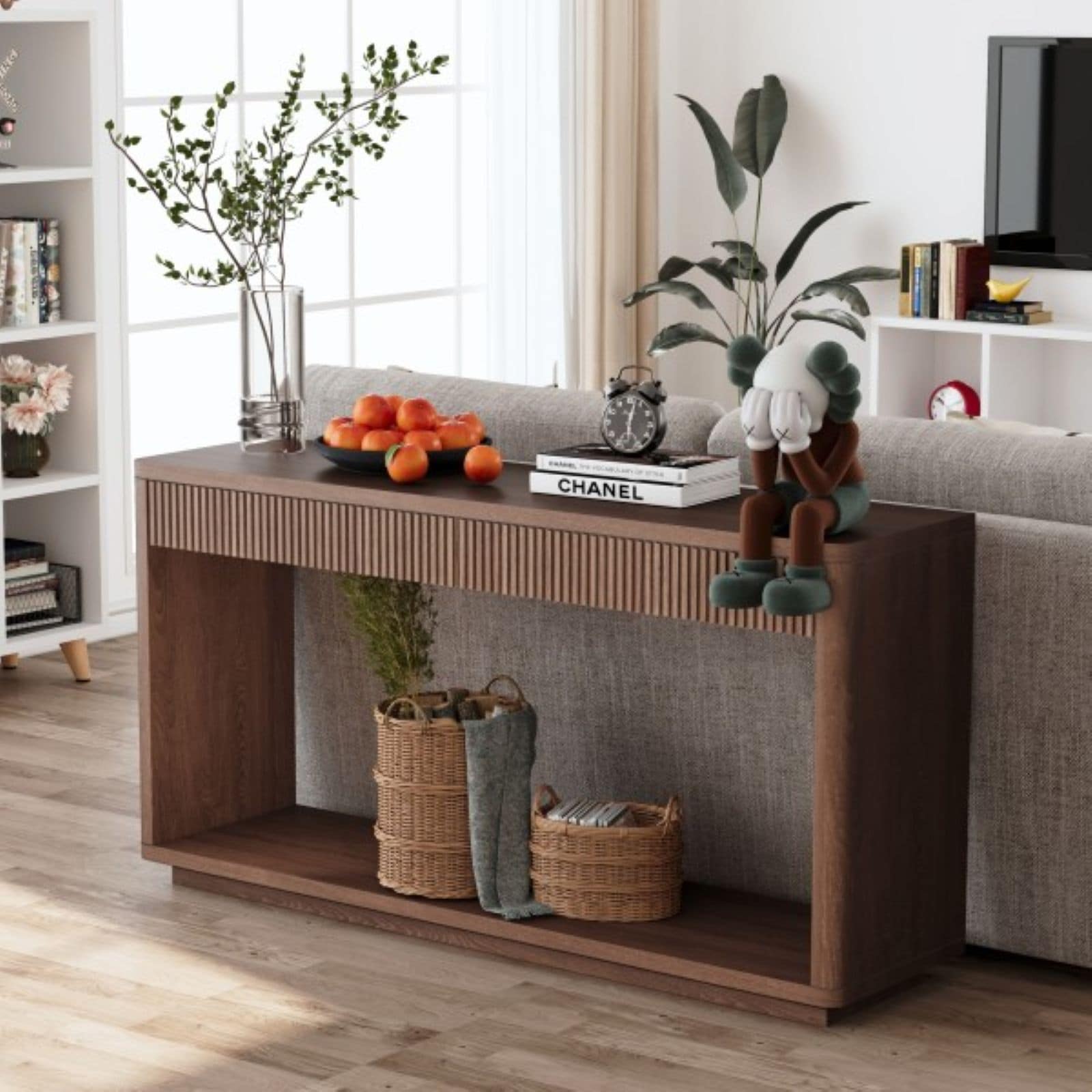 GDFStudio Modern 60-inch Natural Wood Veneer Console Table with 2 Fluted Drawer-Walnut Finish