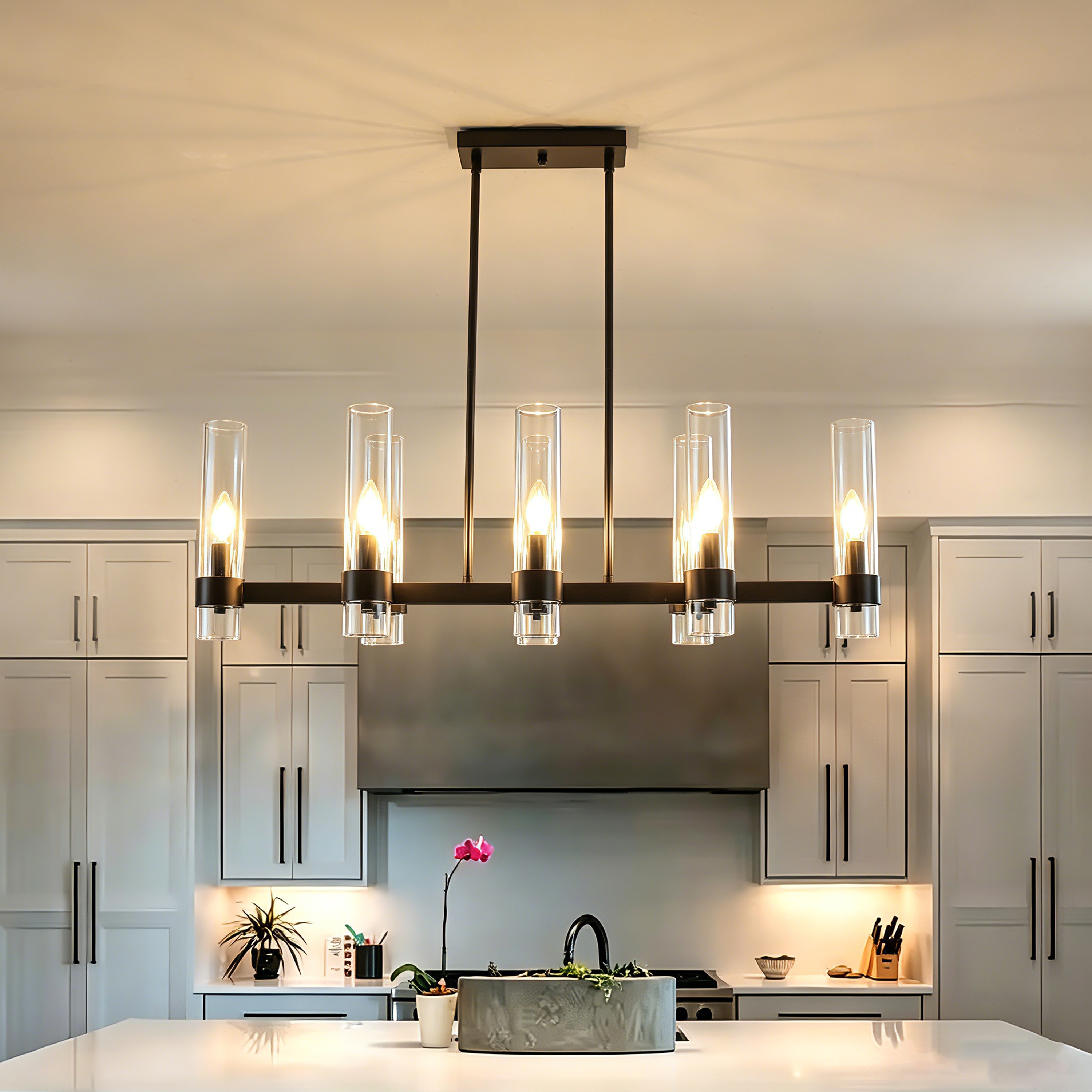 Kirahee 39.37 Inch 8-Light Matte Black Linear Chandelier with Clear Cylinder Glass Shades