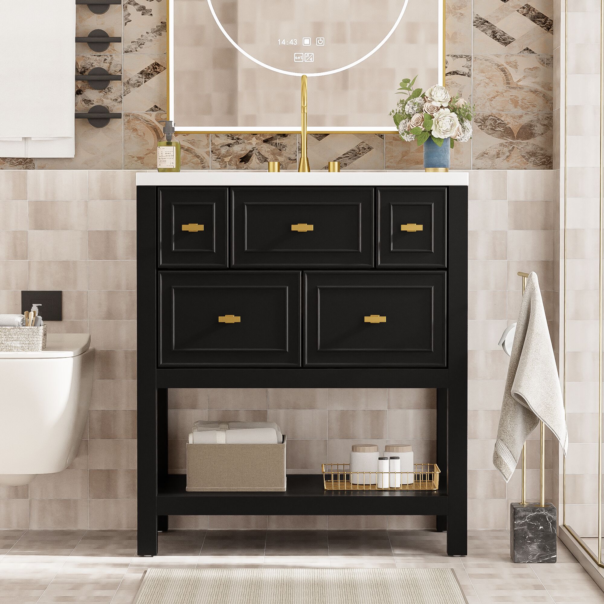 Iseryn YSG488BP247 Bath Vanity 30-in Black Undermount Single Sink Bathroom Vanity with White Ceramic Top